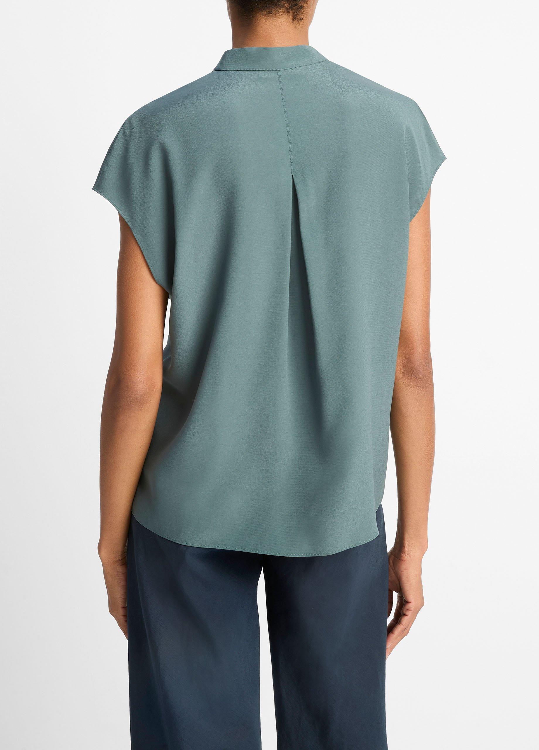 Contrast-Placket Stretch-Silk Cap-Sleeve Blouse image number 2