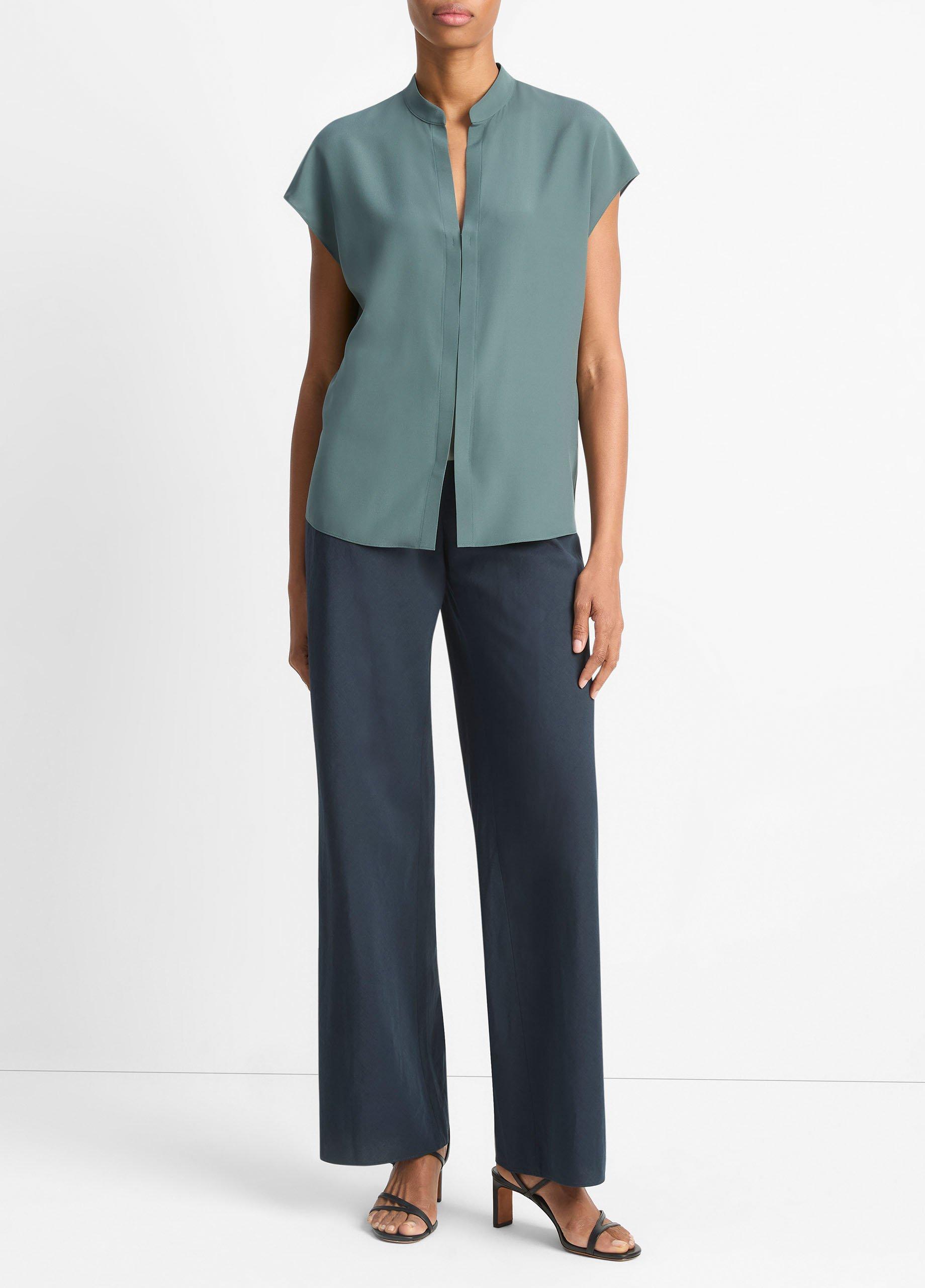 Contrast-Placket Stretch-Silk Cap-Sleeve Blouse image number 3