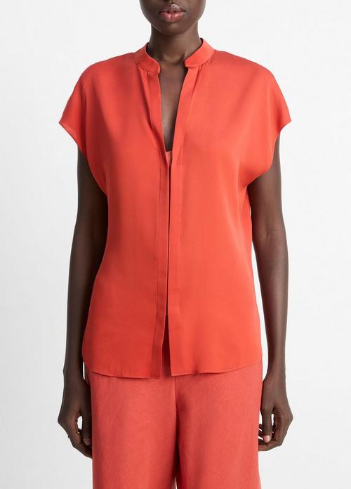 Contrast-Placket Stretch-Silk Cap-Sleeve Blouse