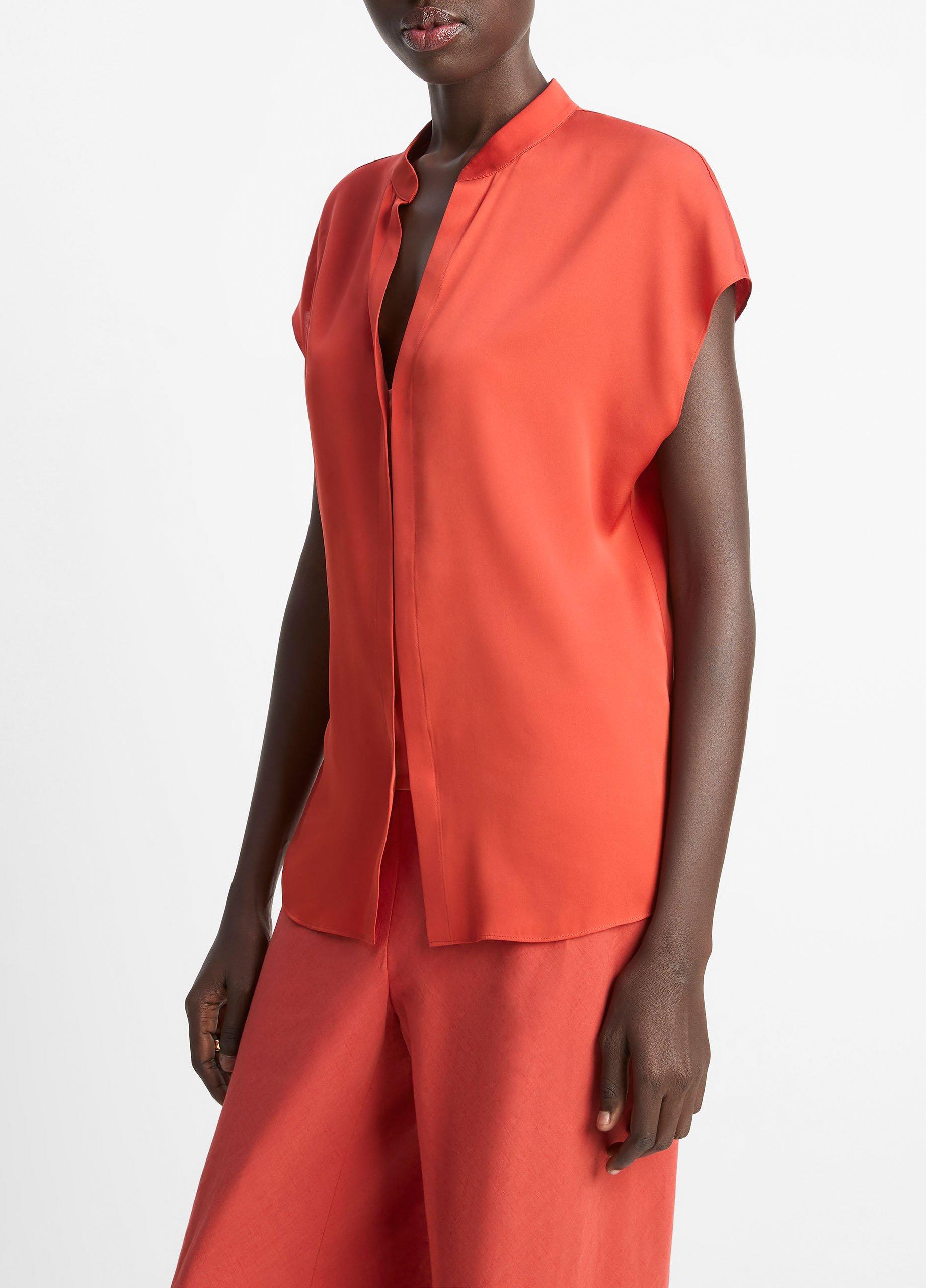 Contrast-Placket Stretch-Silk Cap-Sleeve Blouse image number 1