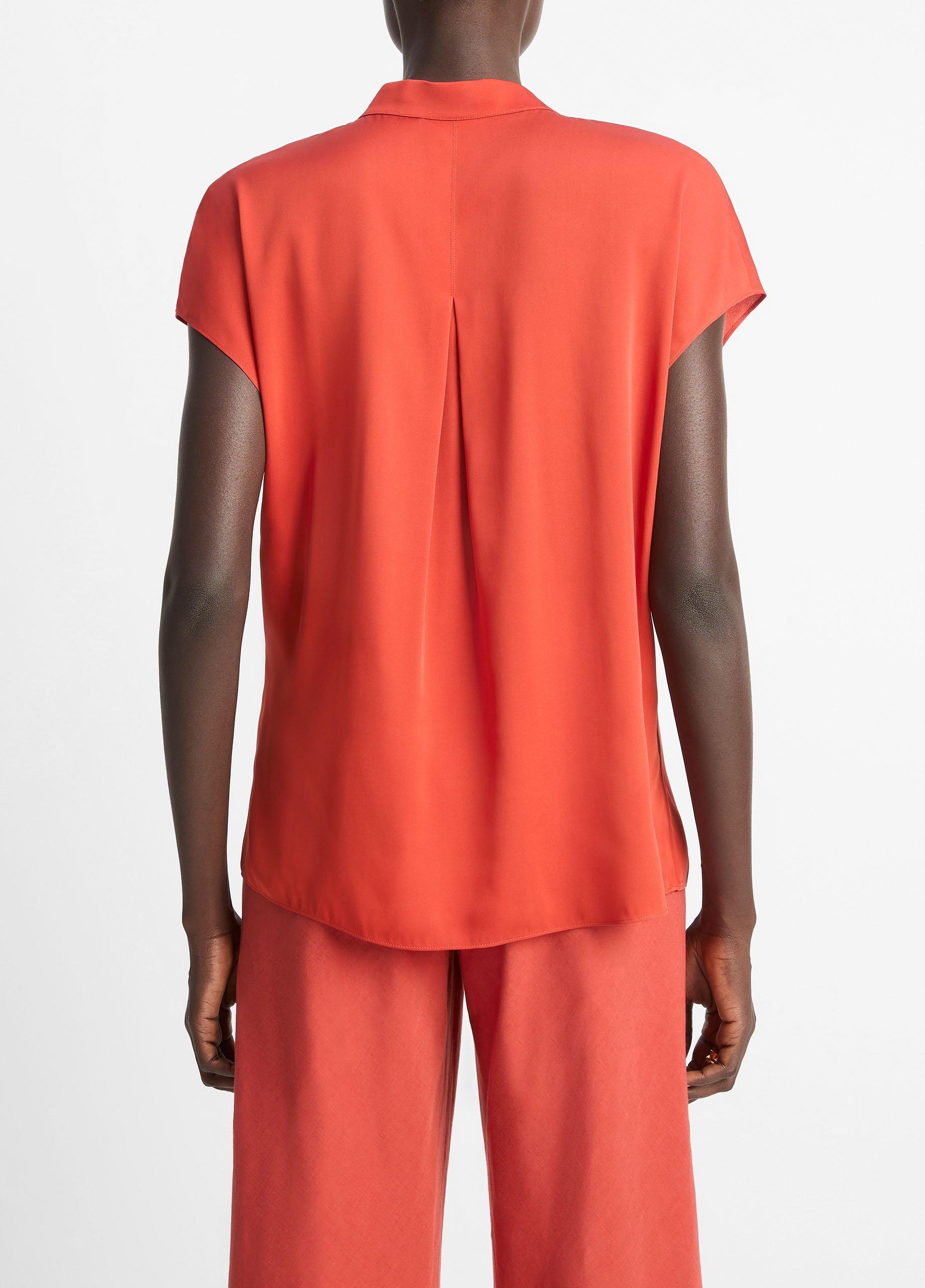 Contrast-Placket Stretch-Silk Cap-Sleeve Blouse image number 2