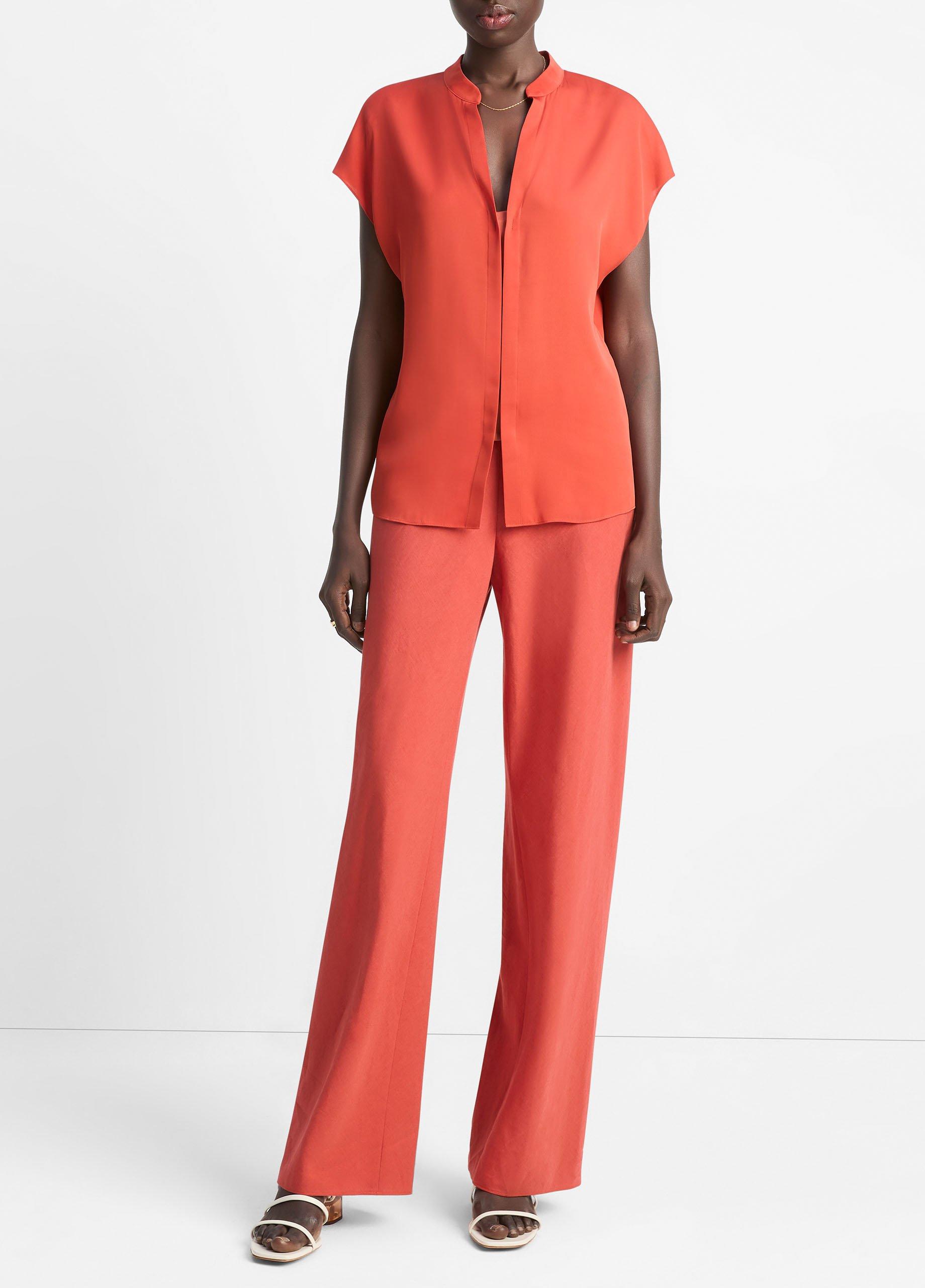 Contrast-Placket Stretch-Silk Cap-Sleeve Blouse image number 3