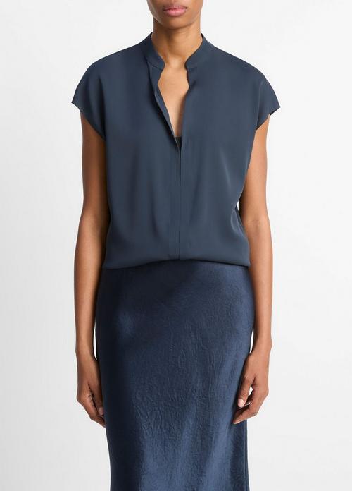 Contrast-Placket Stretch-Silk Cap-Sleeve Blouse