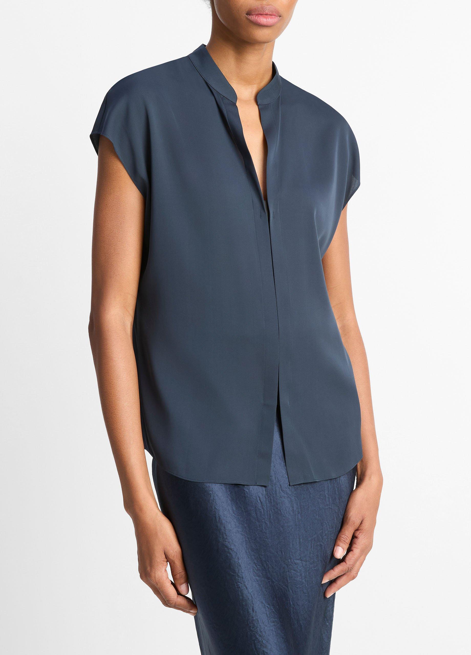 Contrast-Placket Stretch-Silk Cap-Sleeve Blouse image number 1