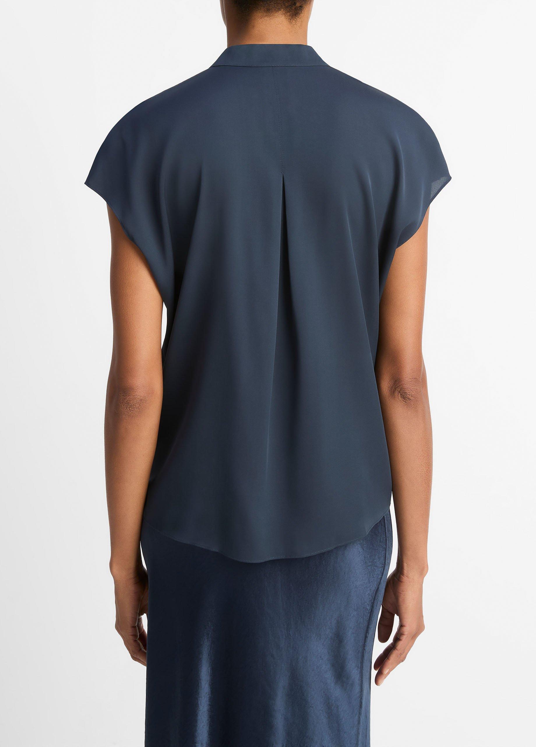 Contrast-Placket Stretch-Silk Cap-Sleeve Blouse image number 2