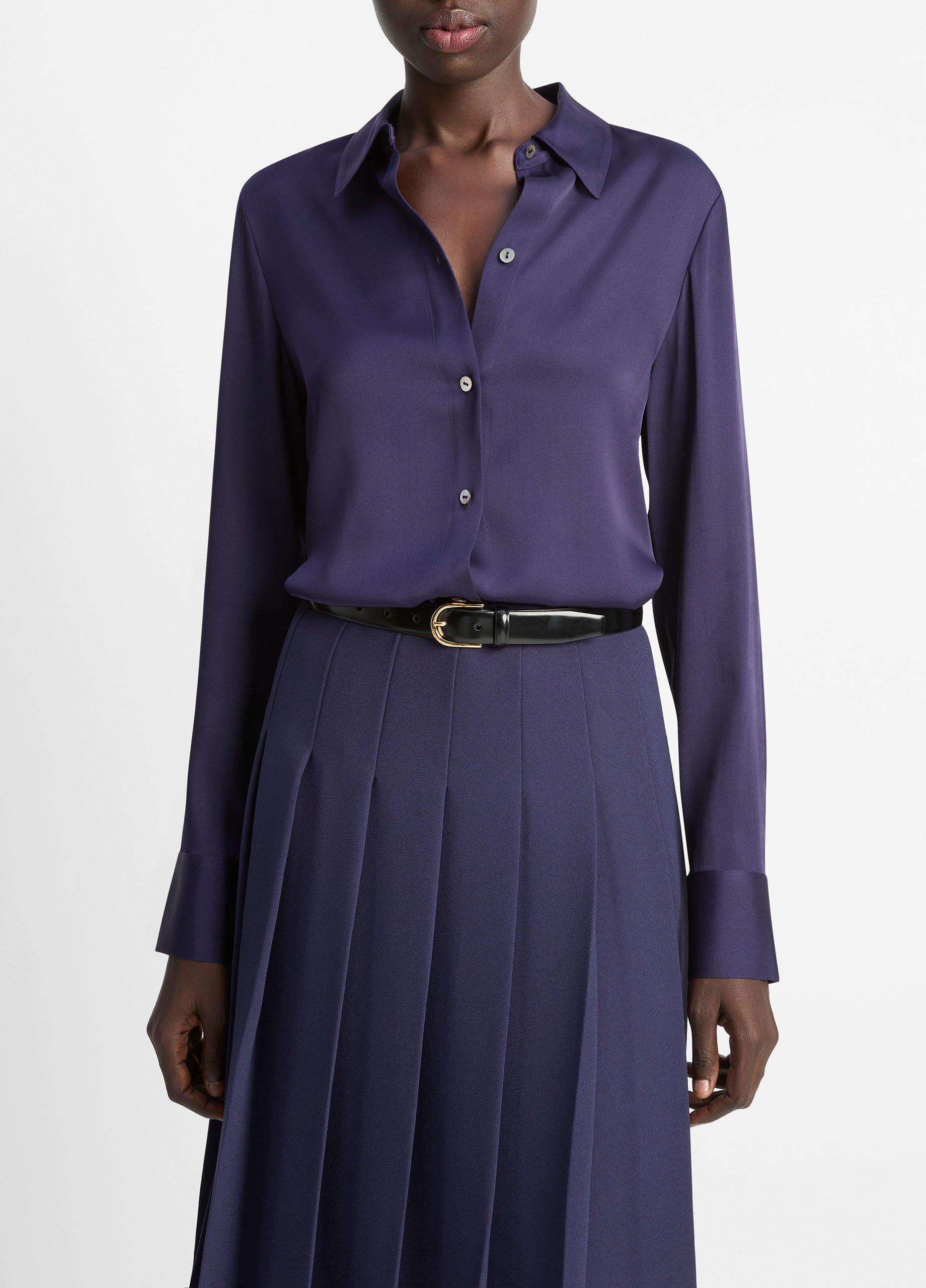 Women's Silk-Blend Slim Button-Front Blouse, Twilight, Size L Vince