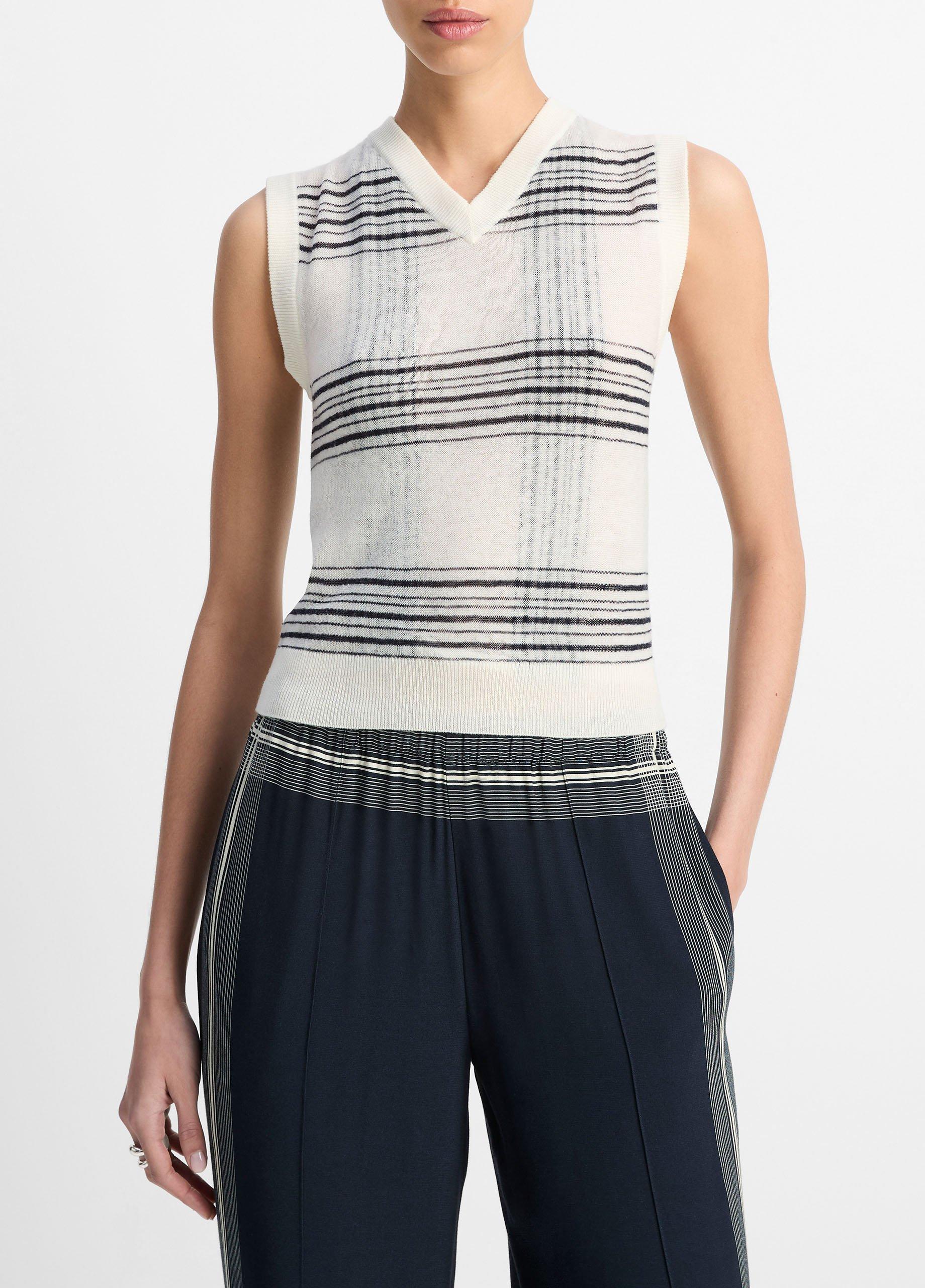 Featherweight Plaid Wool Sweater Vest in V-Neck | Vince