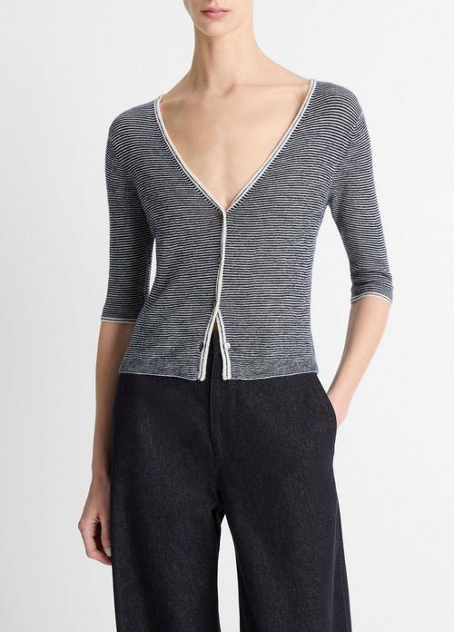 Micro-Stripe Cashmere-Silk Cardigan