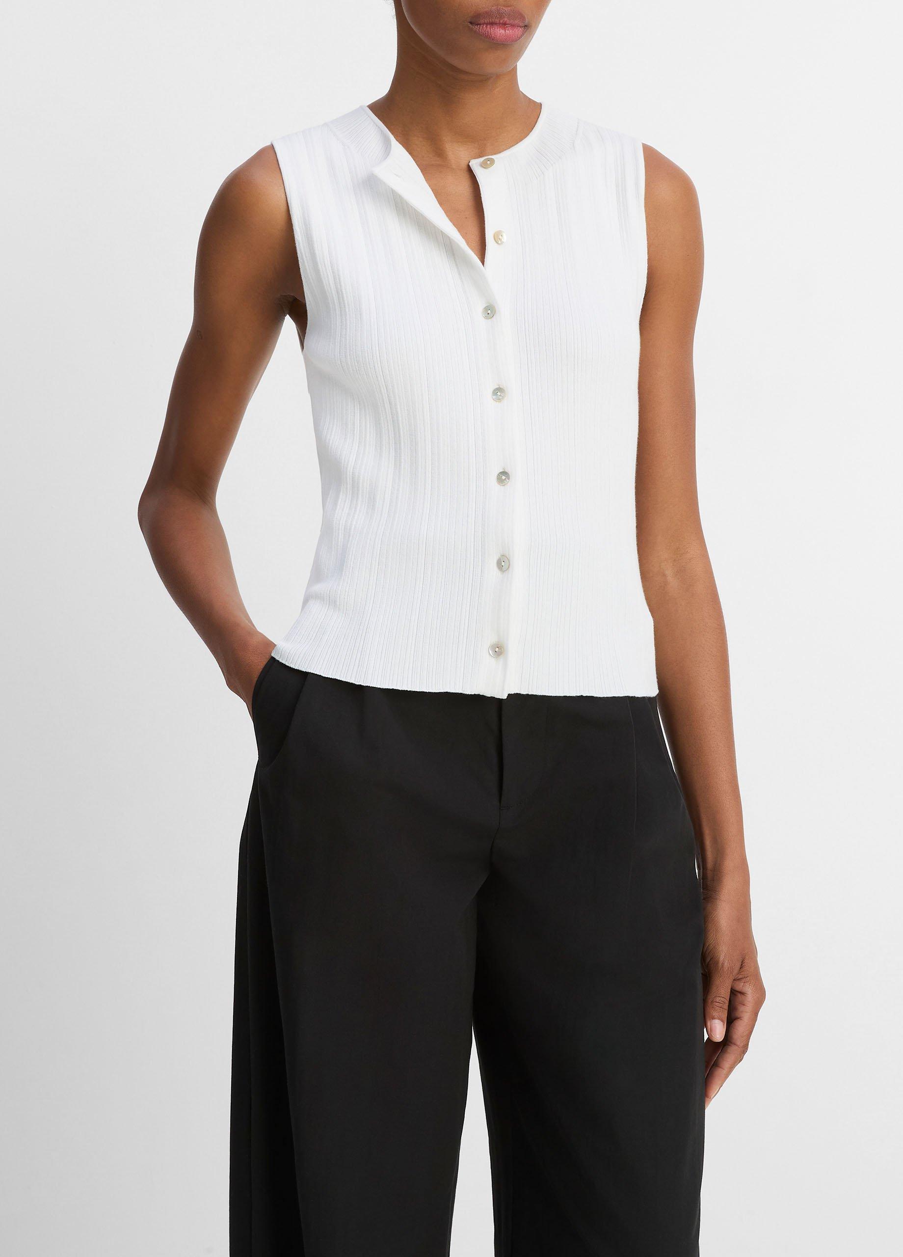 Ribbed Italian Cotton-Blend Button-Front Sweater Shell image number 1