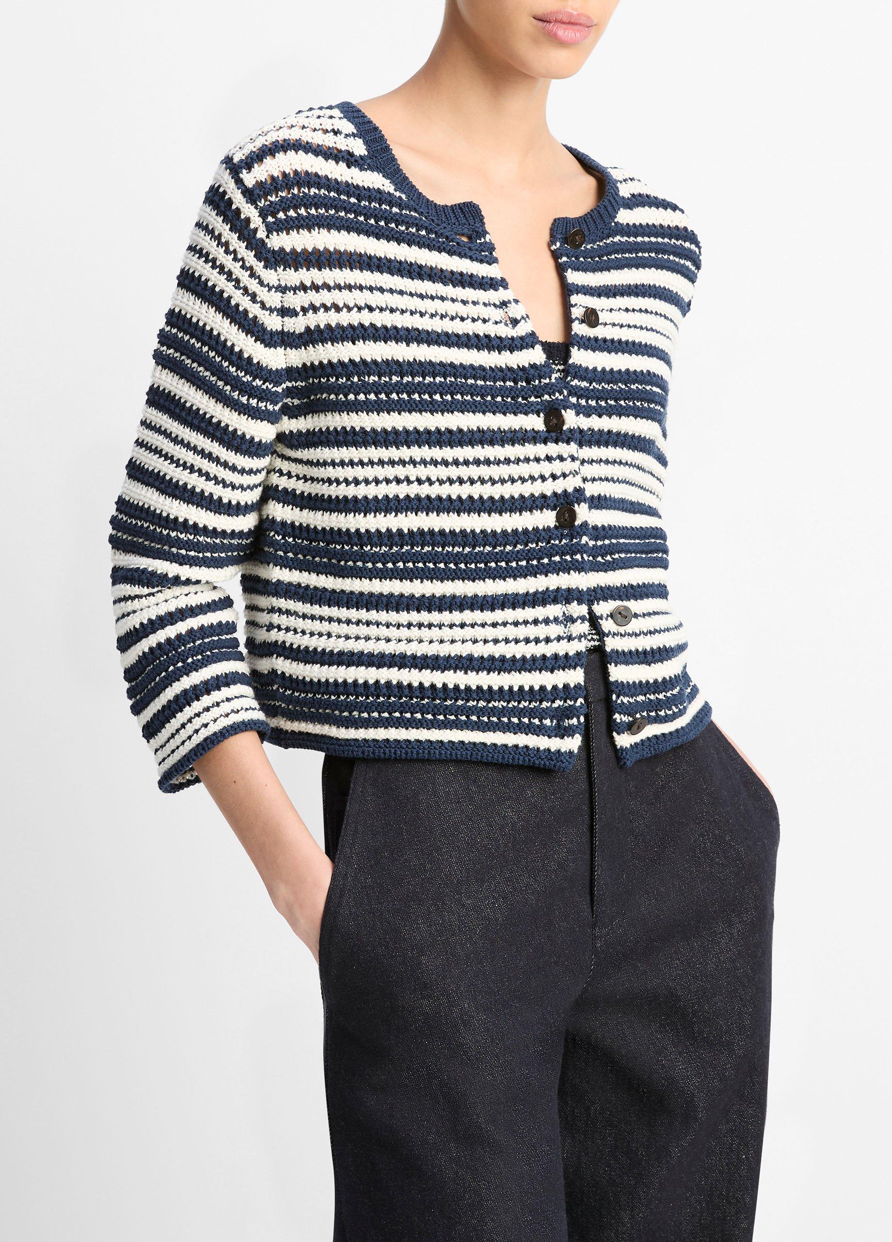 Textured Stripe Italian Cotton Cardigan in Sweaters | Vince