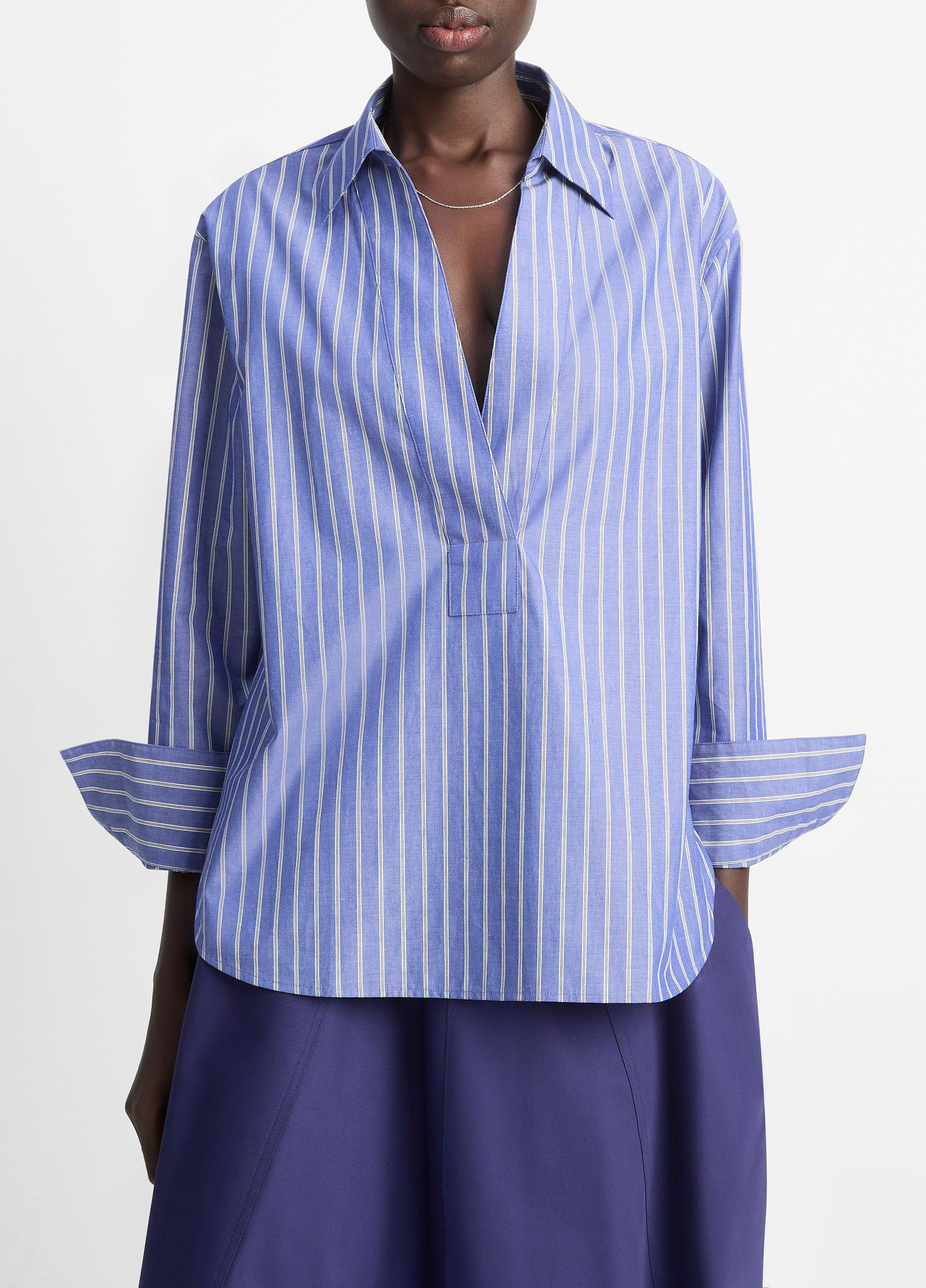 Women's Striped Cotton Relaxed Popover Shirt, Pale Twilight, Size L Vince