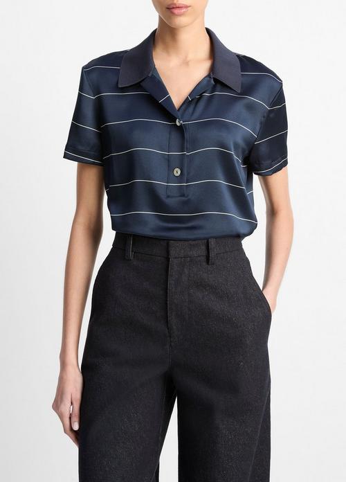 Knit-Collar Striped Silk Polo Shirt