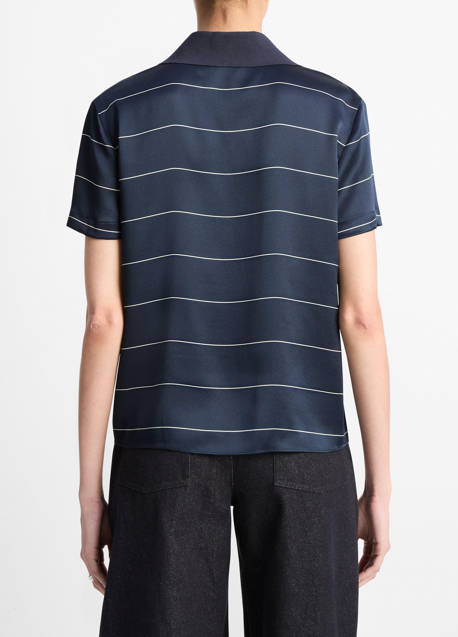 Knit-Collar Striped Silk Polo Shirt in Short Sleeve | Vince
