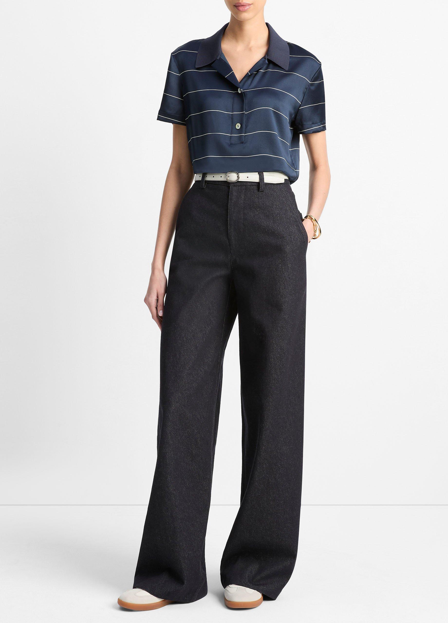 Knit-Collar Striped Silk Polo Shirt image number 3