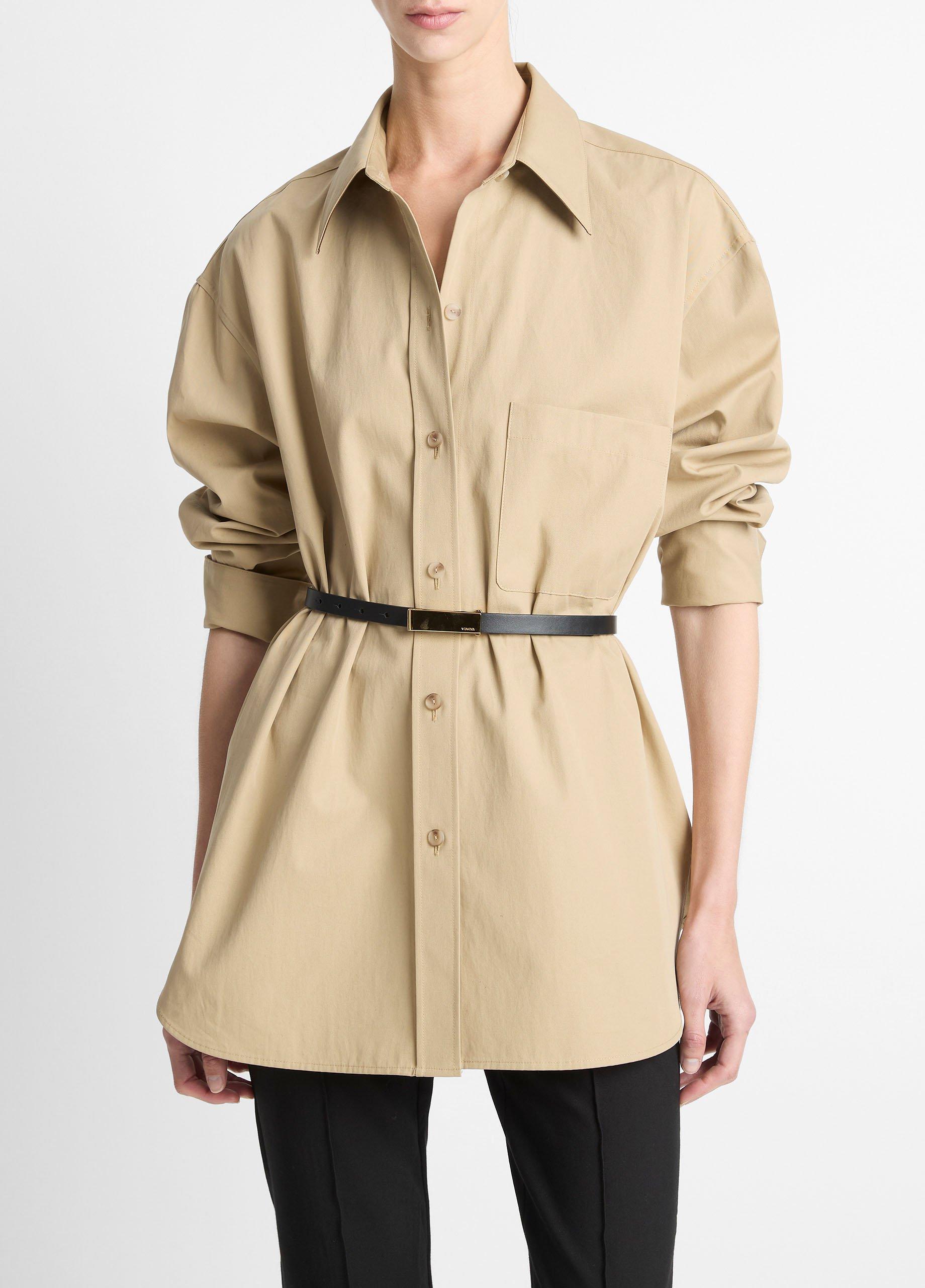 Faux-Leather-Trim Italian Cotton Oversized Button-Front Shirt image number 0