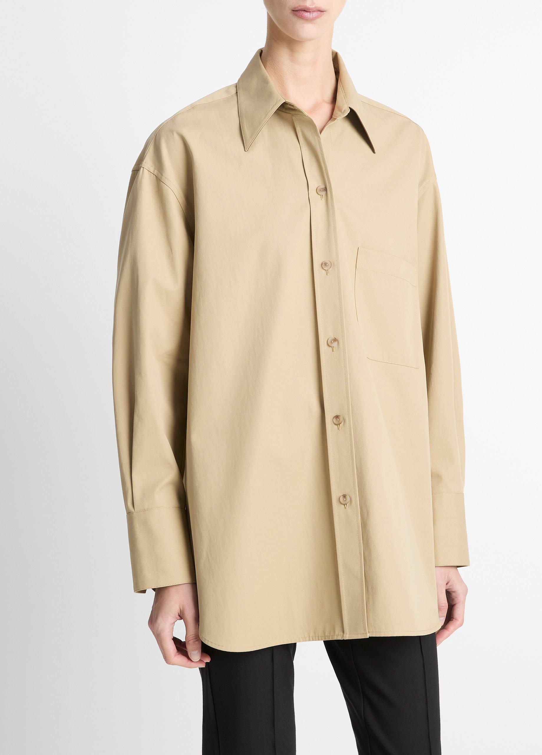 Faux-Leather-Trim Italian Cotton Oversized Button-Front Shirt image number 1