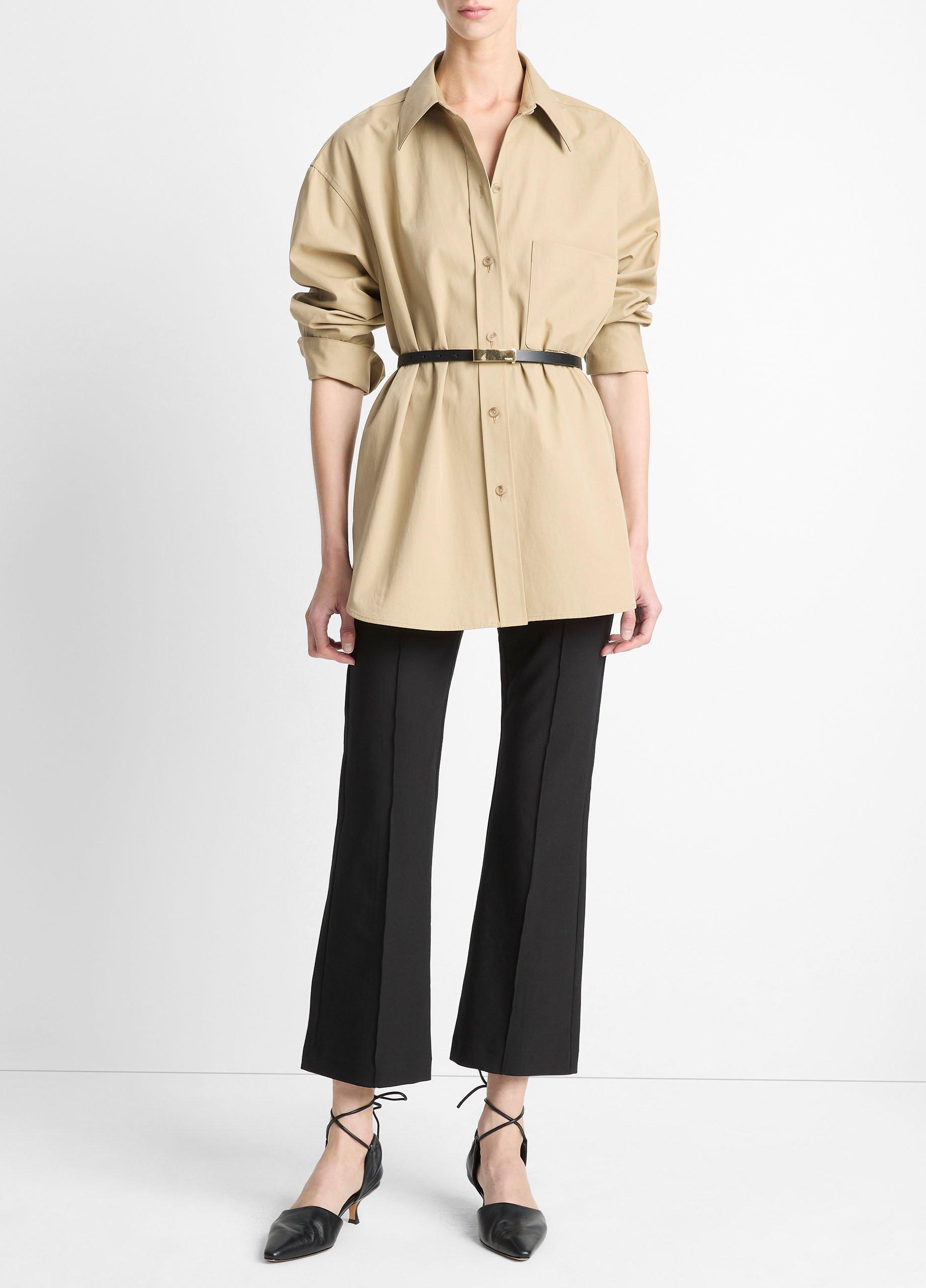 Faux-Leather-Trim Italian Cotton Oversized Button-Front Shirt image number 3