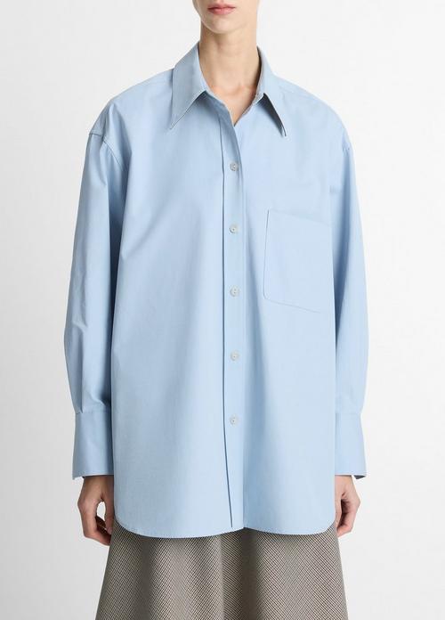 Faux-Leather-Trim Italian Cotton Oversized Button-Front Shirt