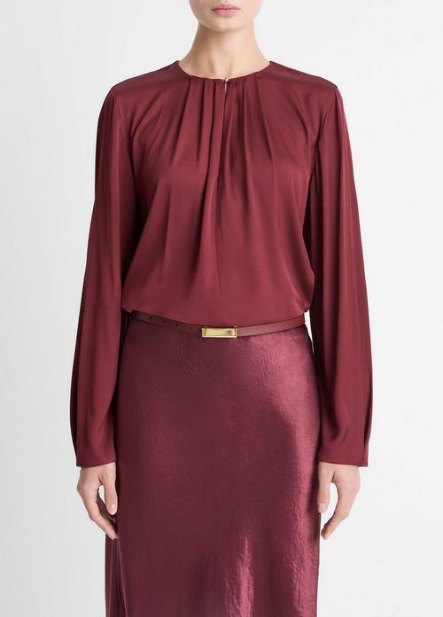 Silk-Blend Pleated-Neck Blouse