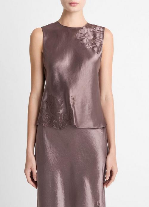 Floral-Embroidered Satin Shell