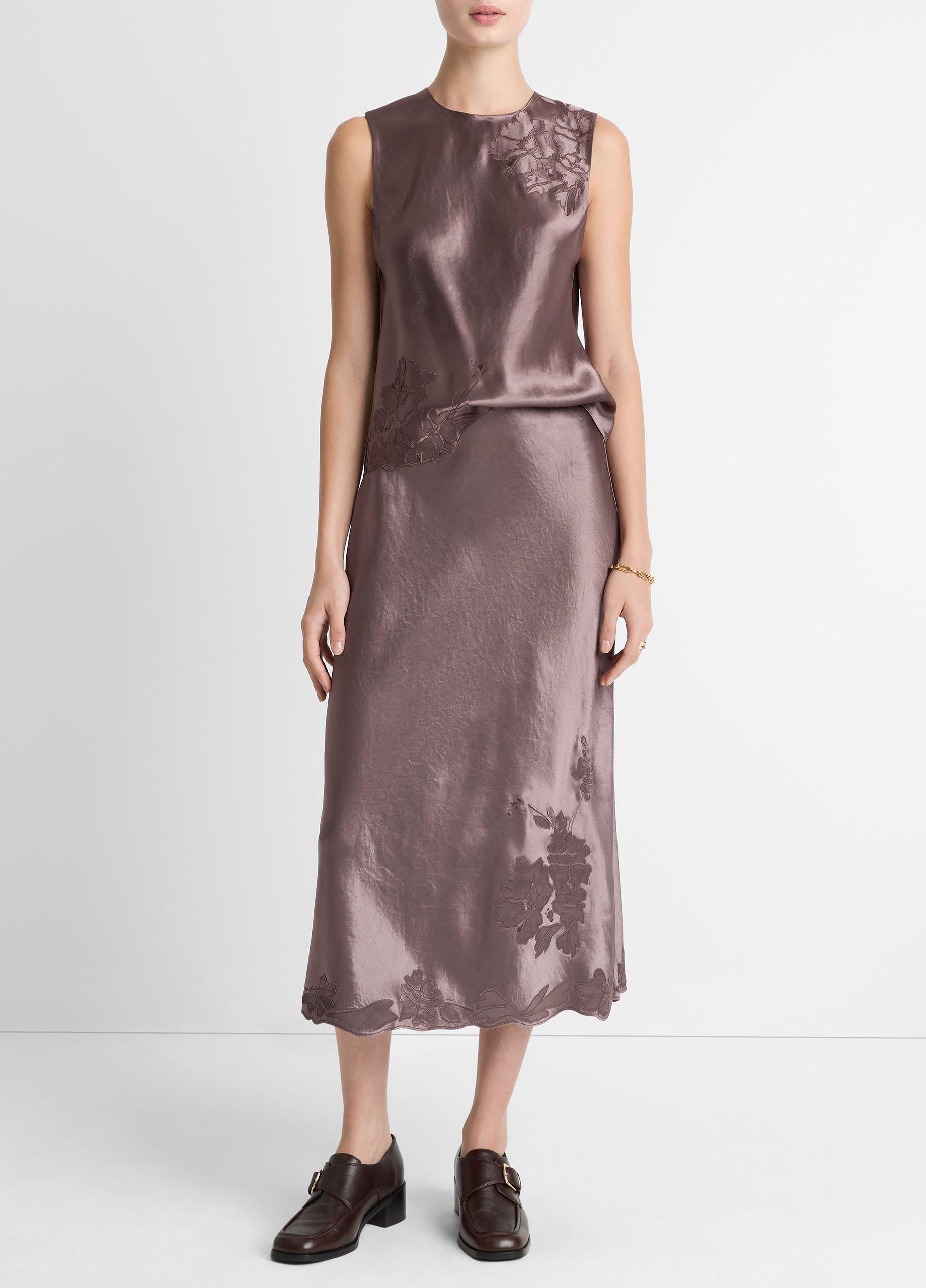 Floral-Embroidered Satin Slip Skirt image number 0