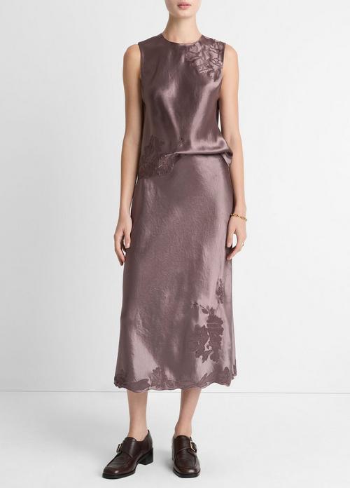 Floral-Embroidered Satin Slip Skirt