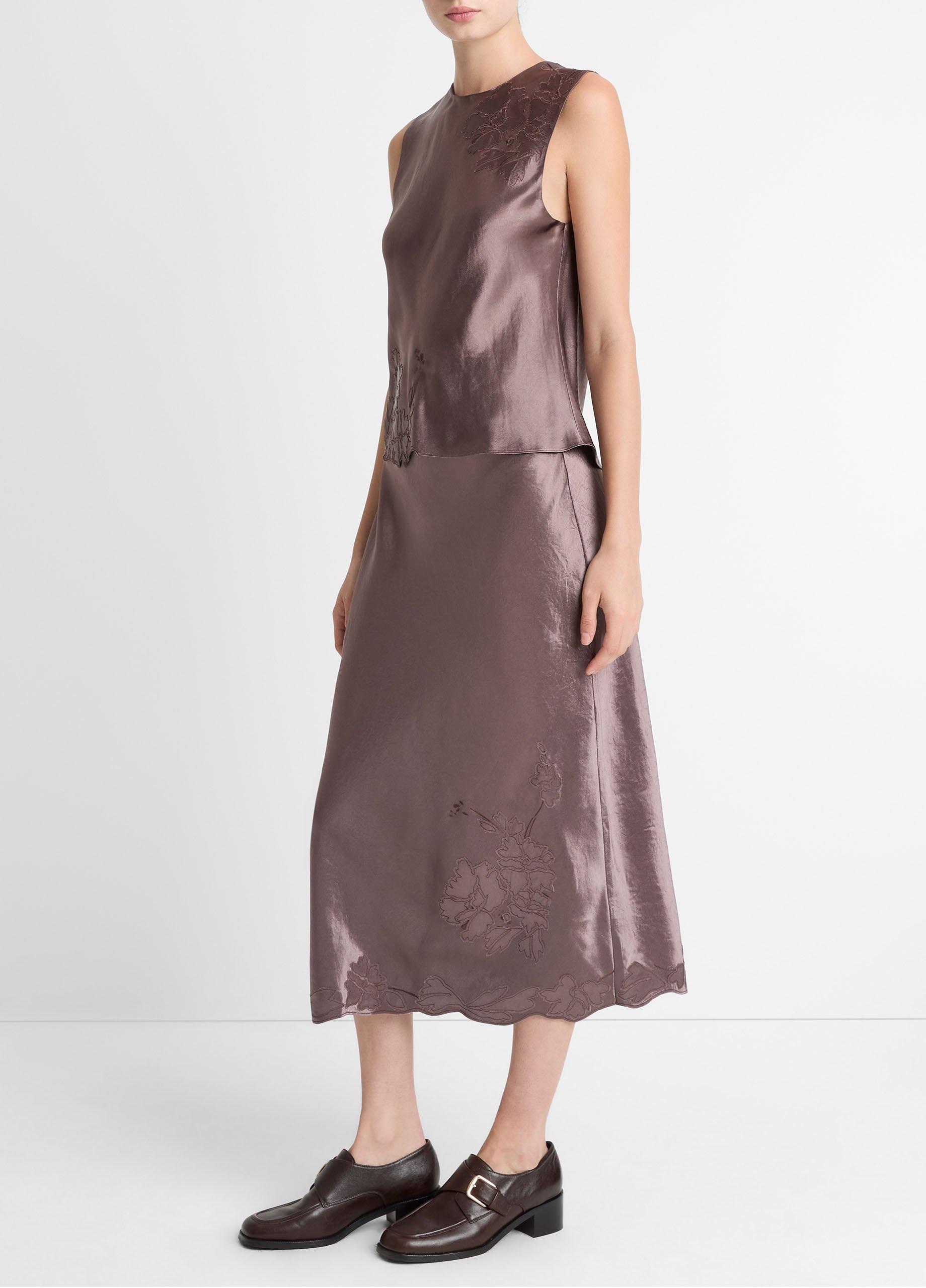 Floral-Embroidered Satin Slip Skirt image number 1