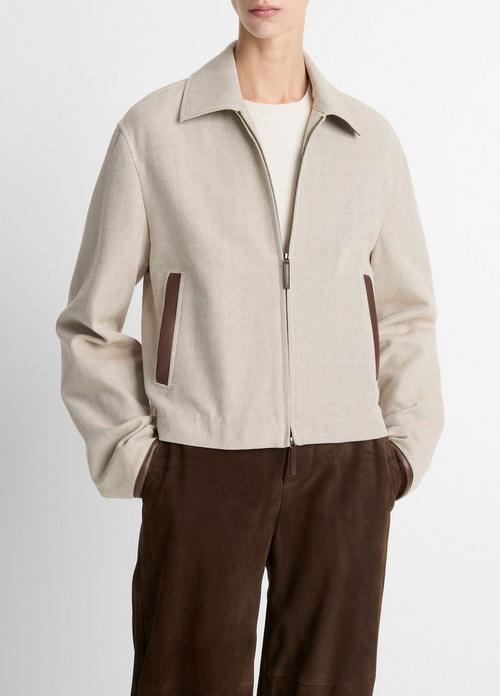 Faux-Leather-Trim Cotton Cropped Jacket