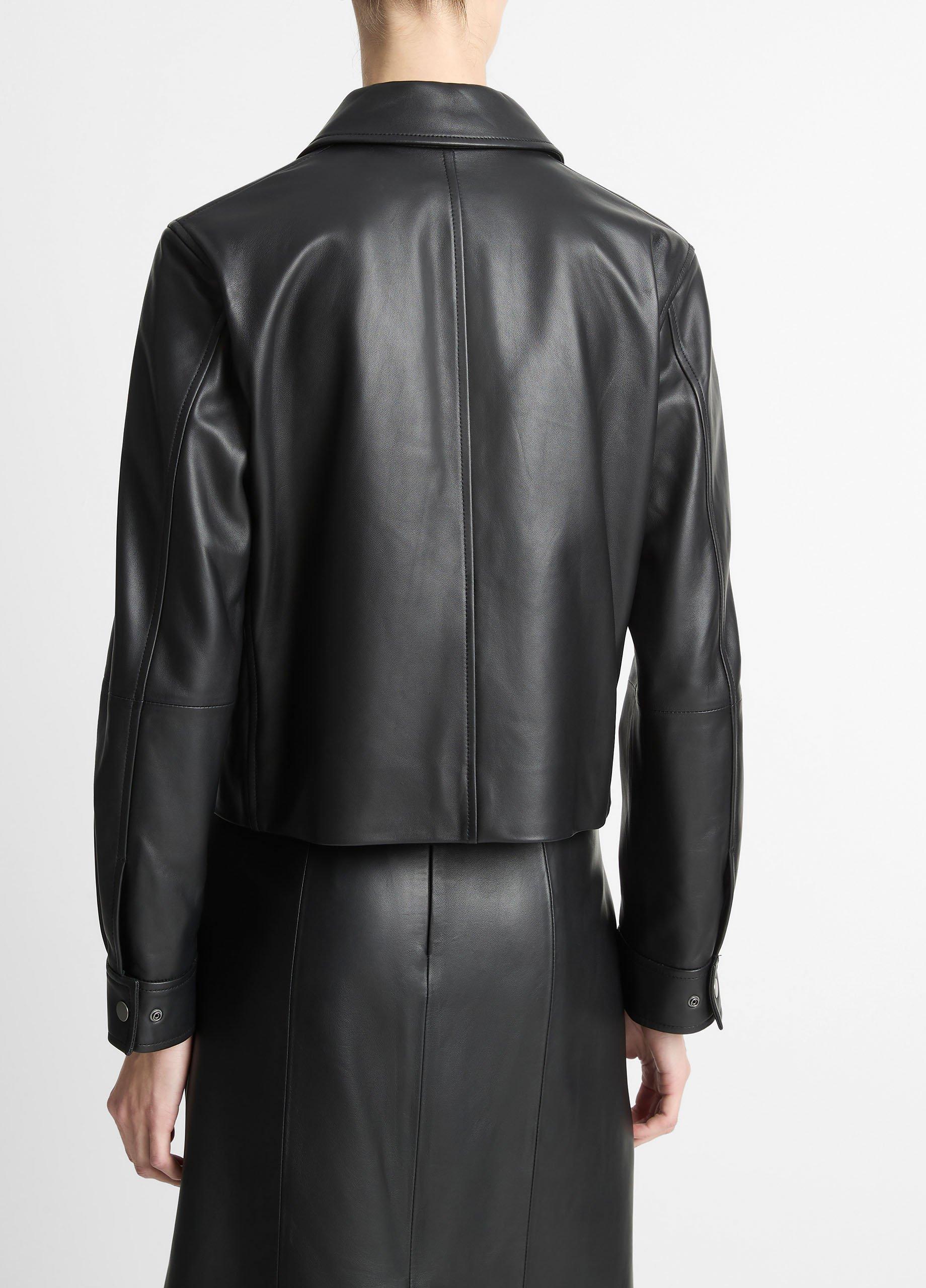 Leather Cropped Zip-Front Jacket in Jackets | Vince