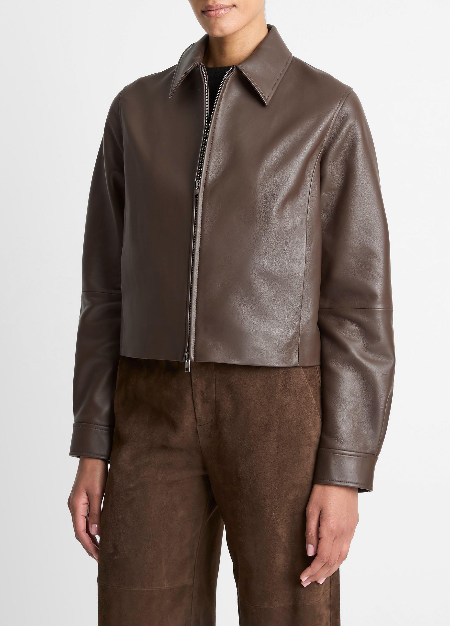 Leather Cropped Zip-Front Jacket image number 1