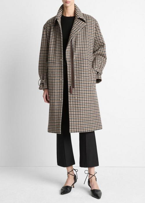 Faux-Leather-Trim Plaid Car Coat