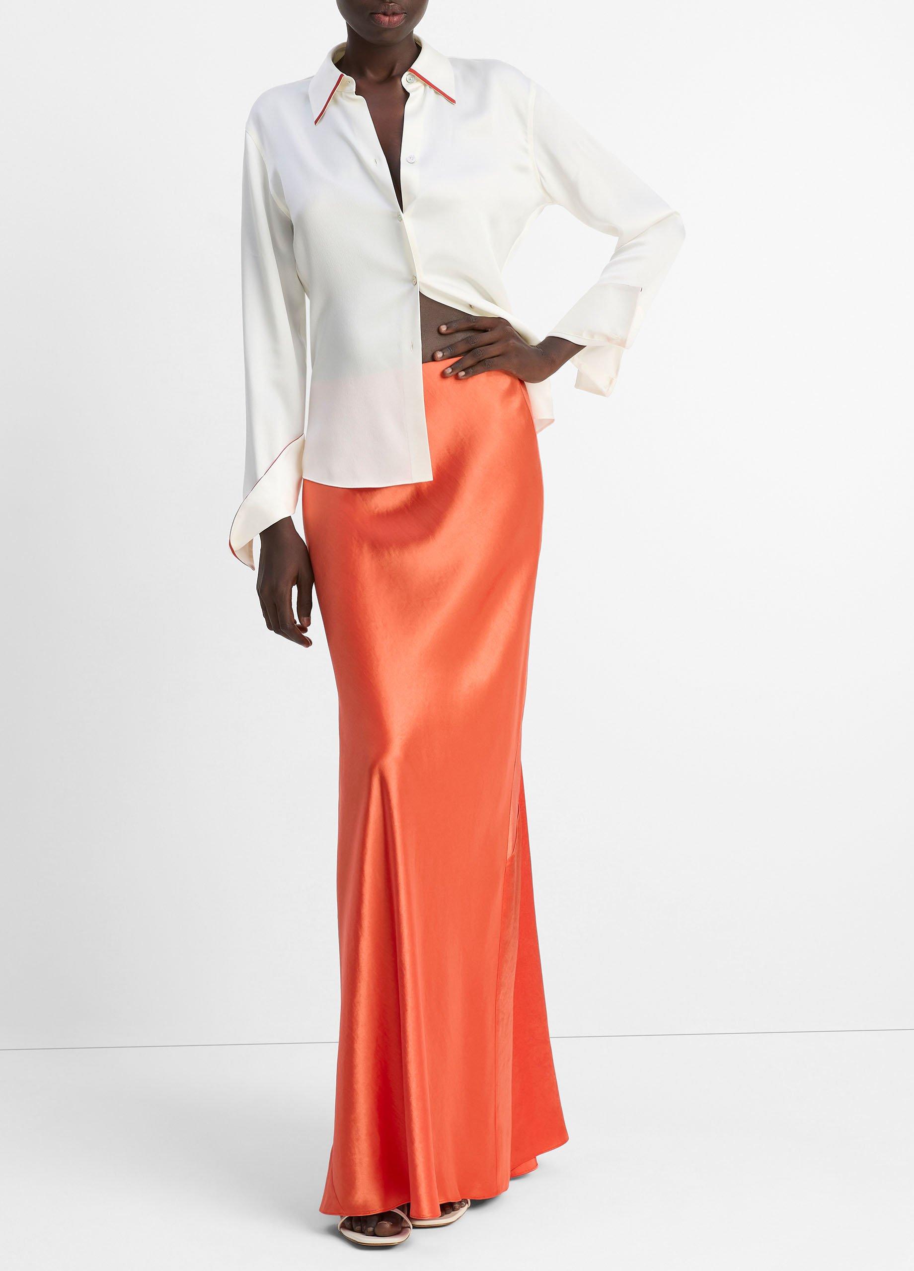 Tipped Silk Button-Front Blouse in Long Sleeve | Vince