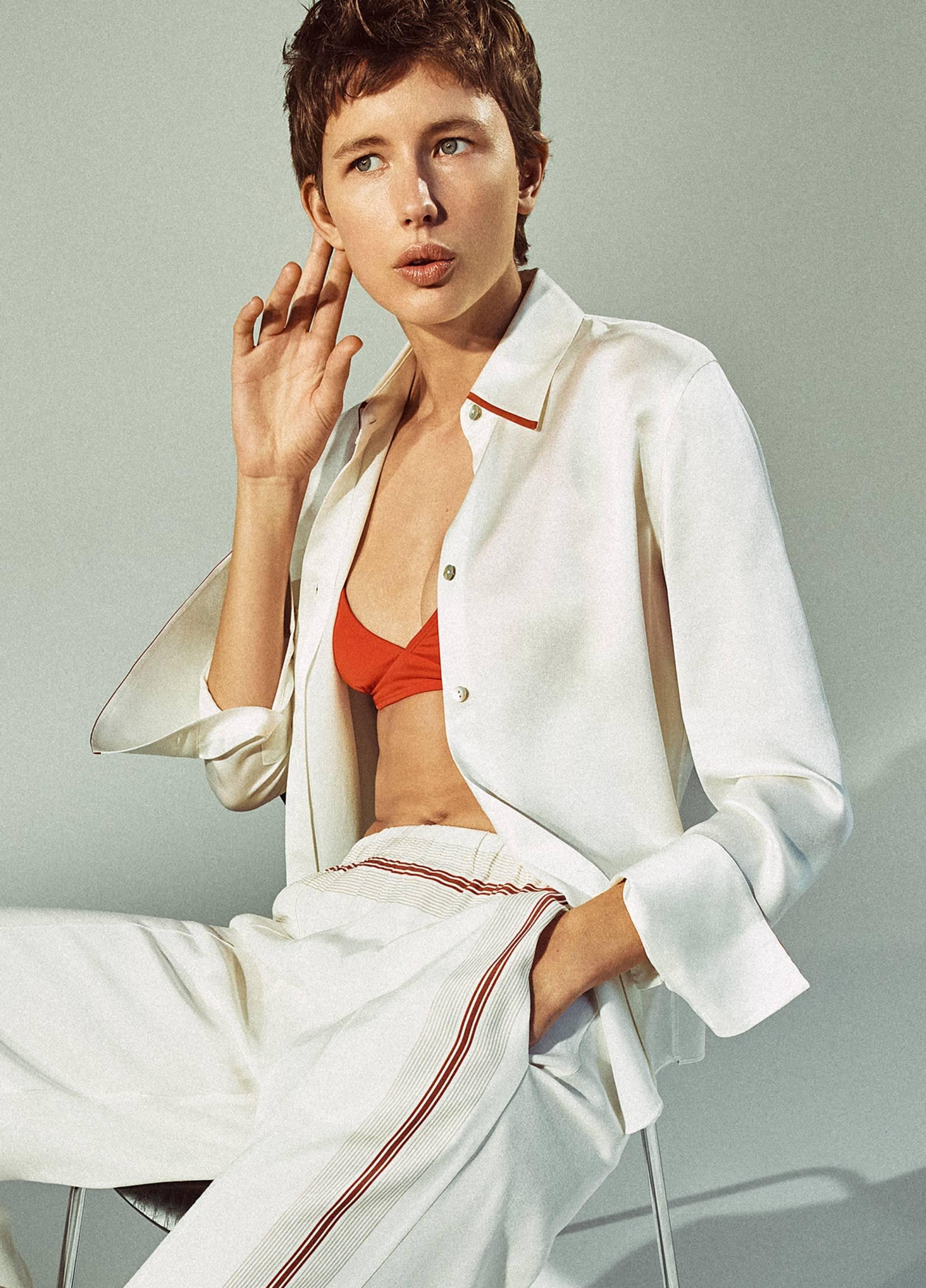 Tipped Silk Button-Front Blouse image number 4