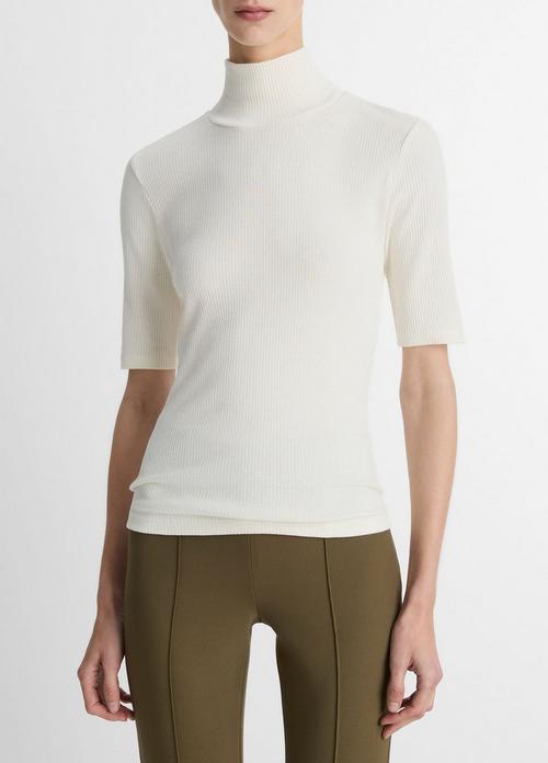 Ribbed Cotton Elbow-Sleeve Turtleneck Top
