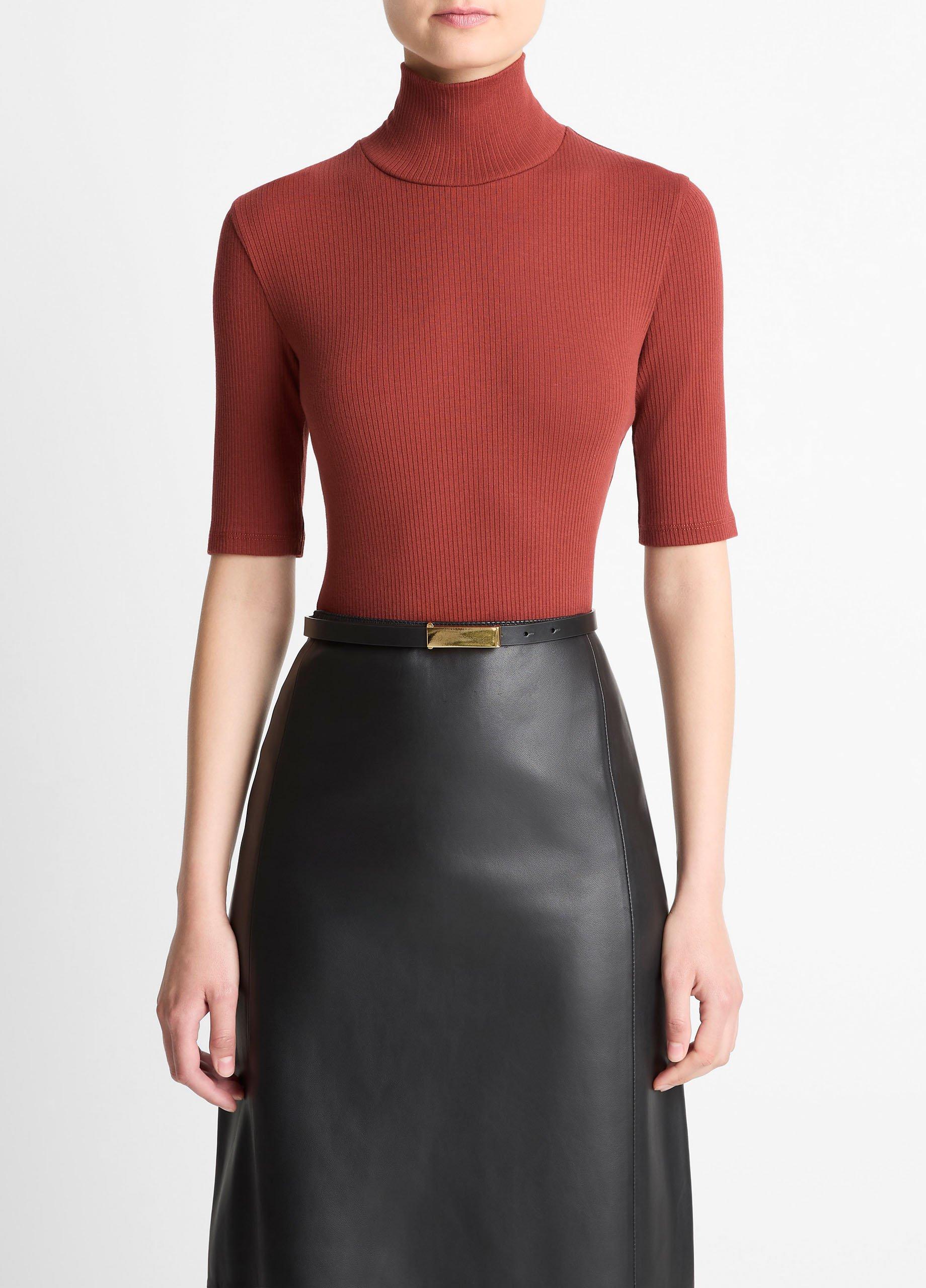Ribbed Cotton Elbow-Sleeve Turtleneck Top image number 0