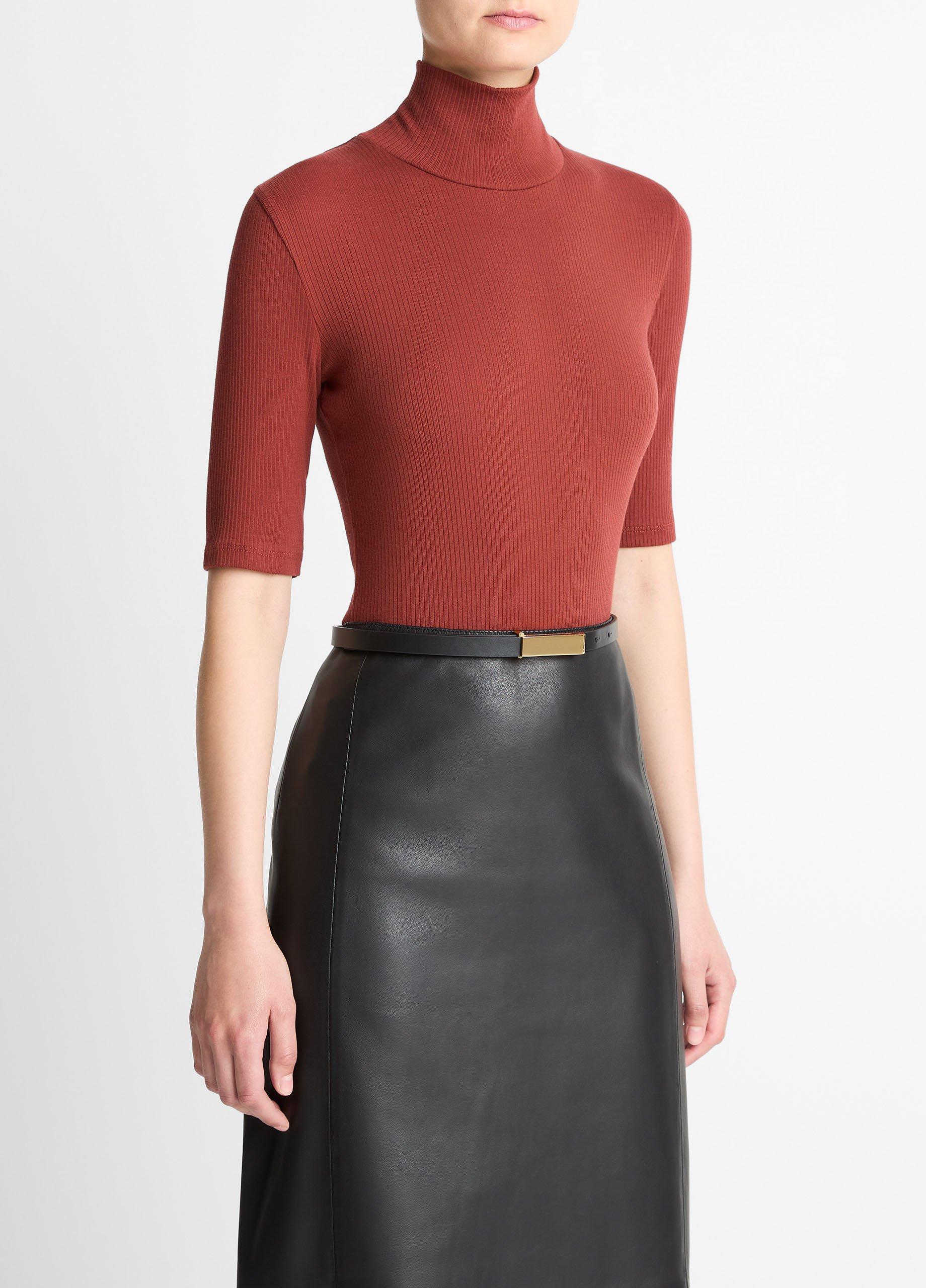 Ribbed Cotton Elbow-Sleeve Turtleneck Top image number 1