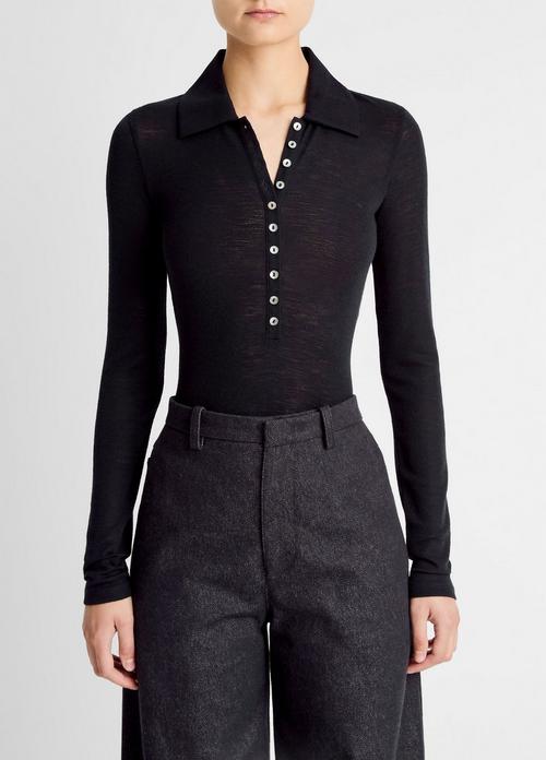Wool Long-Sleeve Polo Top