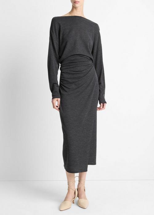 Draped-Waist Wool-Blend Midi Skirt