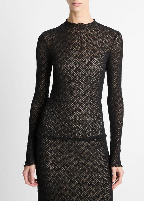 Cotton-Blend Diamond Lace Mock-Neck Long-Sleeve Top