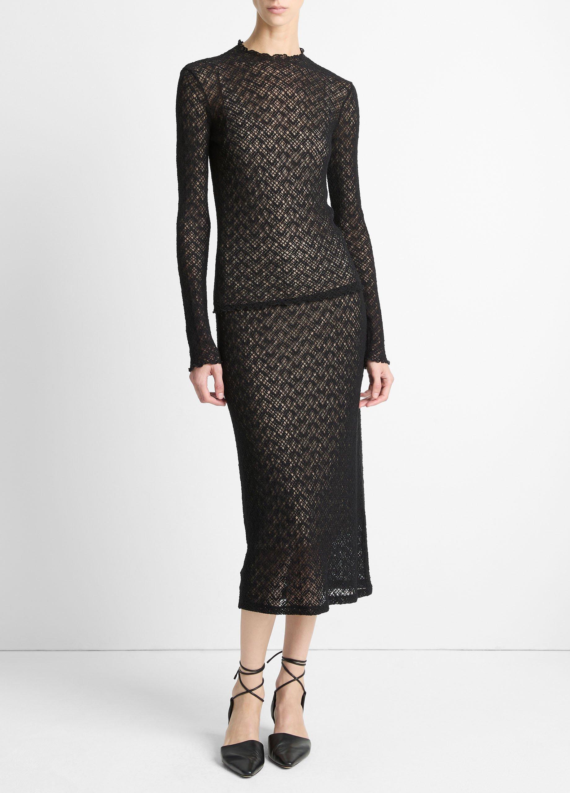 Cotton-Blend Diamond Lace Mock-Neck Long-Sleeve Top image number 3