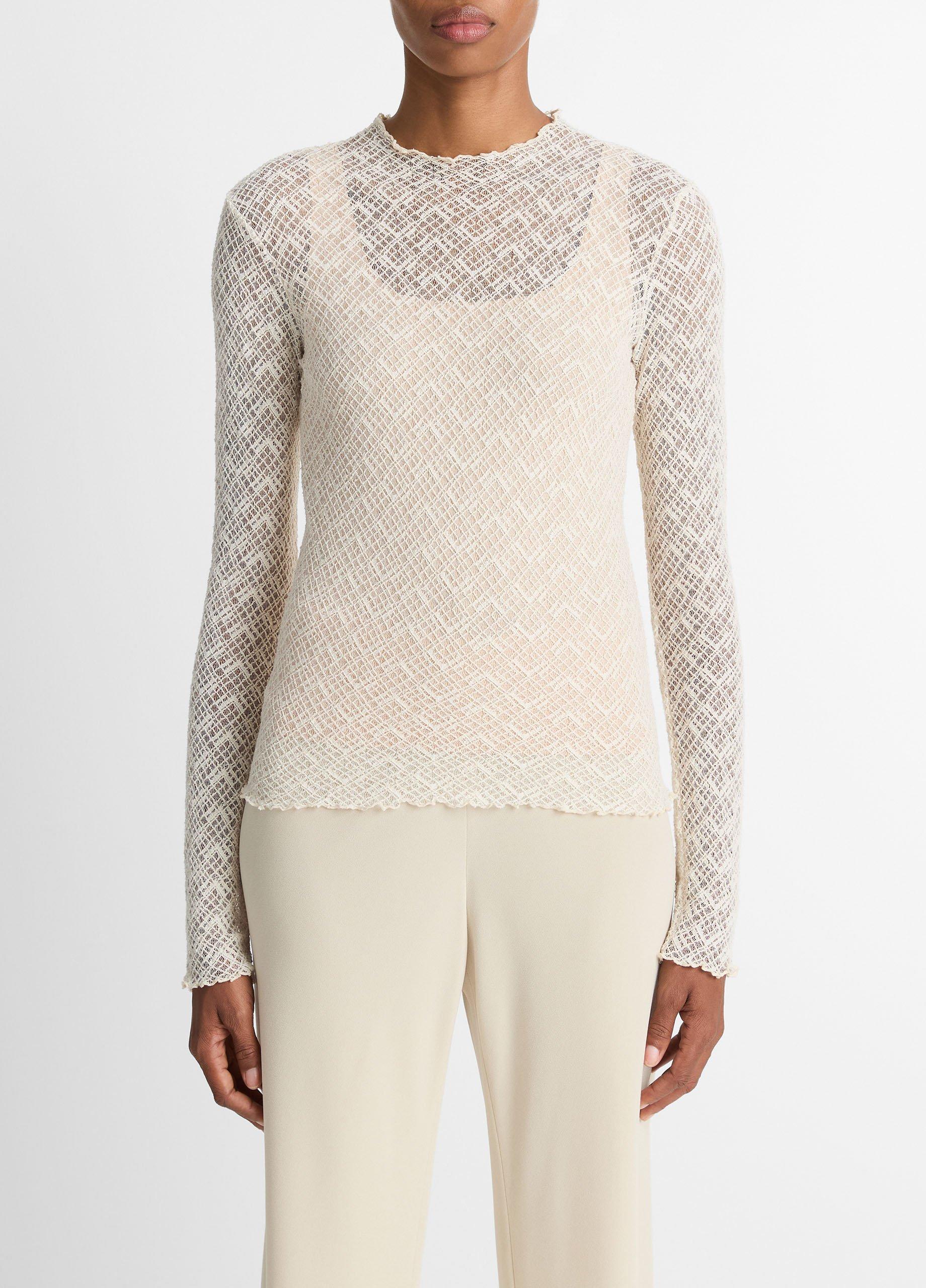 Cotton-Blend Diamond Lace Mock-Neck Long-Sleeve Top image number 0