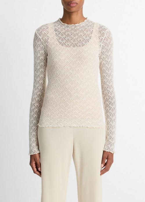 Cotton-Blend Diamond Lace Mock-Neck Long-Sleeve Top