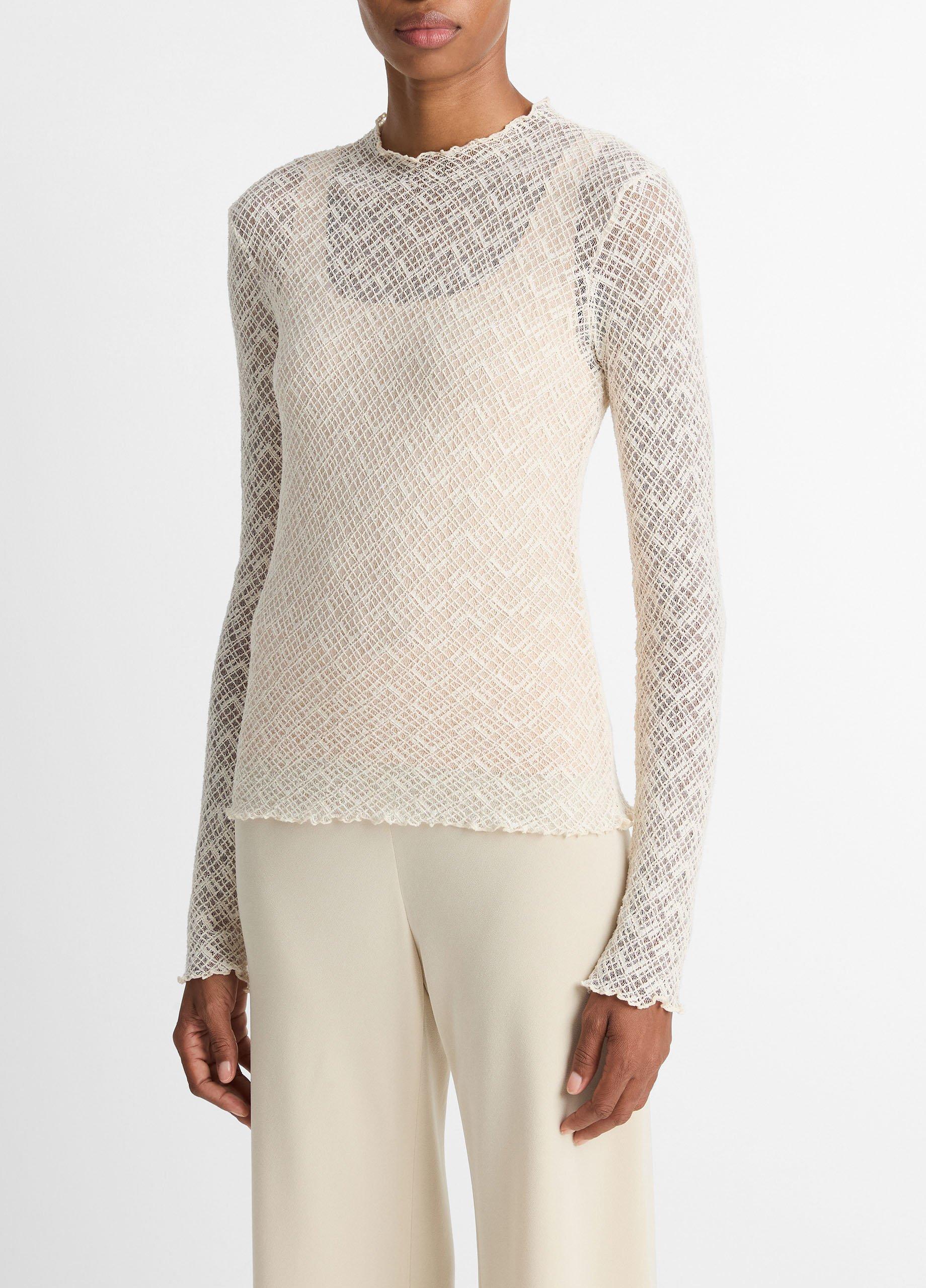 Cotton-Blend Diamond Lace Mock-Neck Long-Sleeve Top image number 1