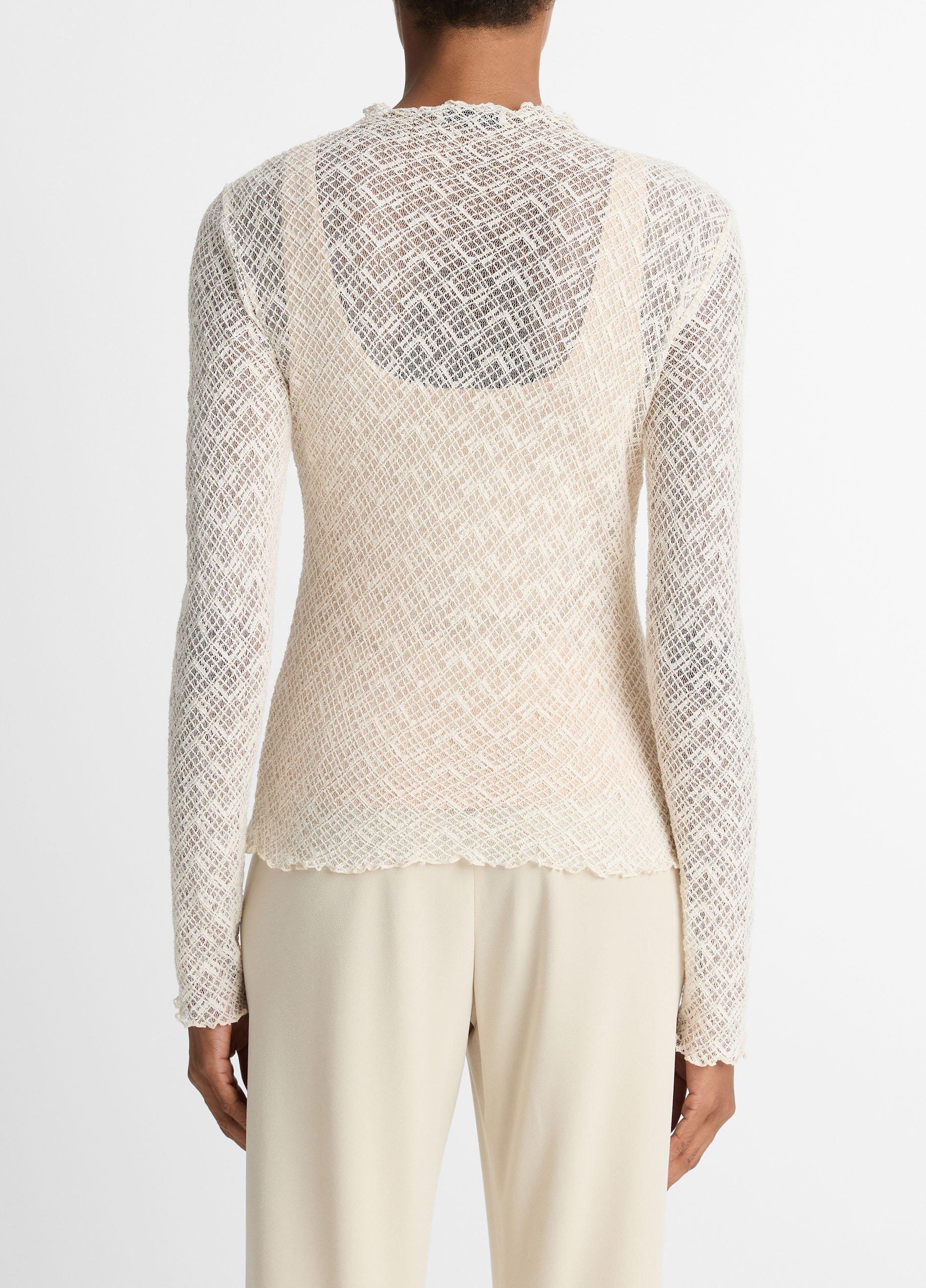 Cotton-Blend Diamond Lace Mock-Neck Long-Sleeve Top image number 2