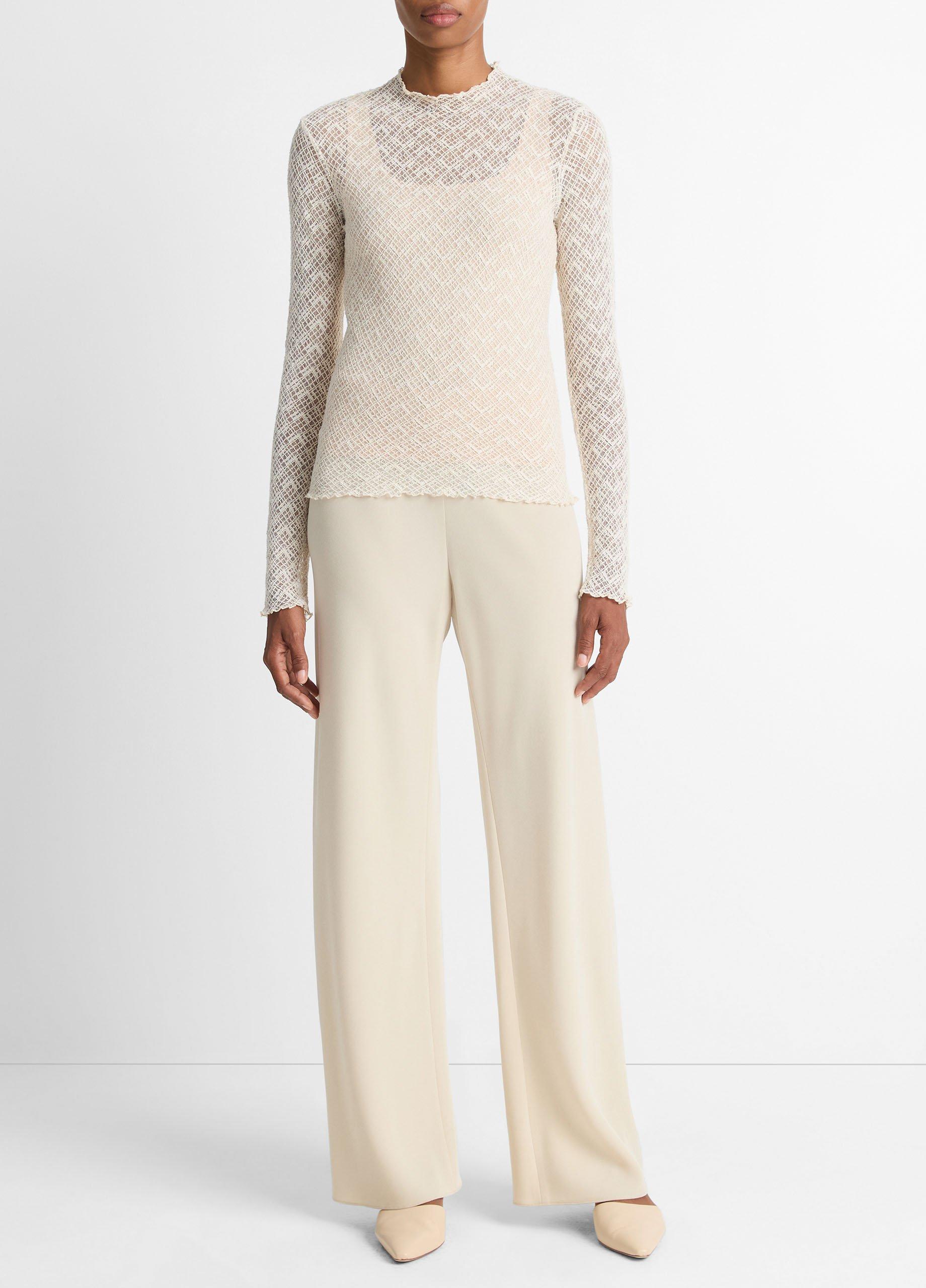 Cotton-Blend Diamond Lace Mock-Neck Long-Sleeve Top image number 3