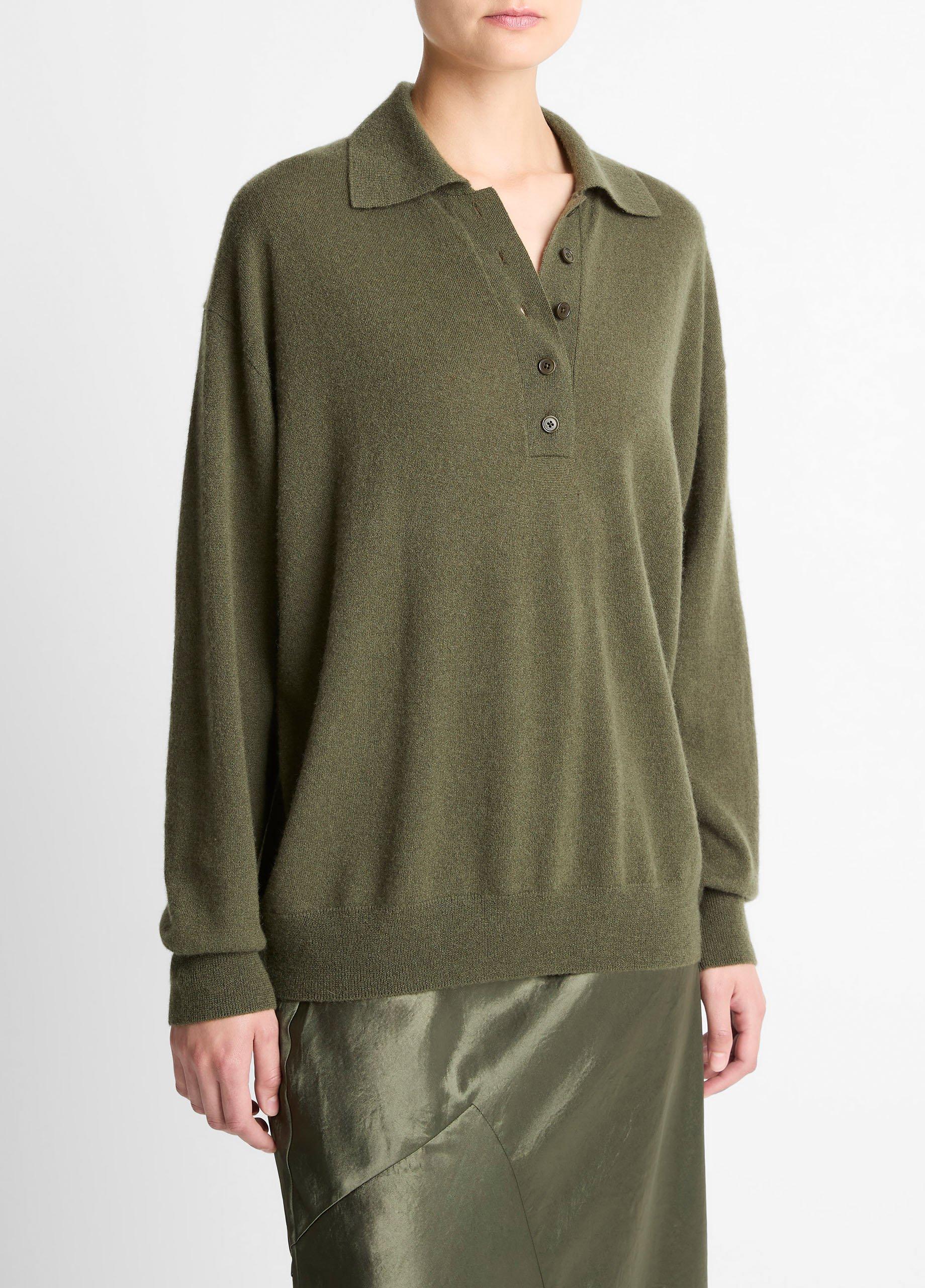 Cashmere-Silk Wide-Placket Polo Sweater image number 1