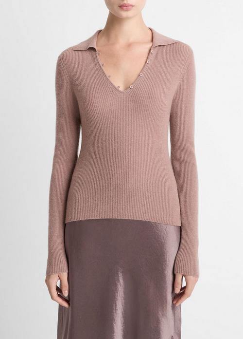 Ribbed Cashmere-Silk Polo Sweater