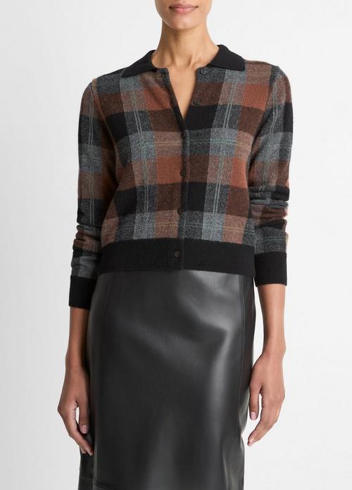 Checked Plaid Cashmere Polo Cardigan