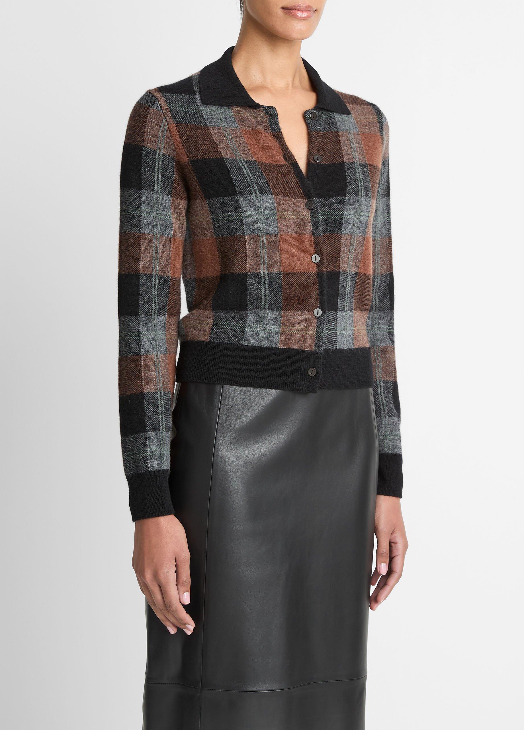 Checked Plaid Cashmere Polo Cardigan image number 1