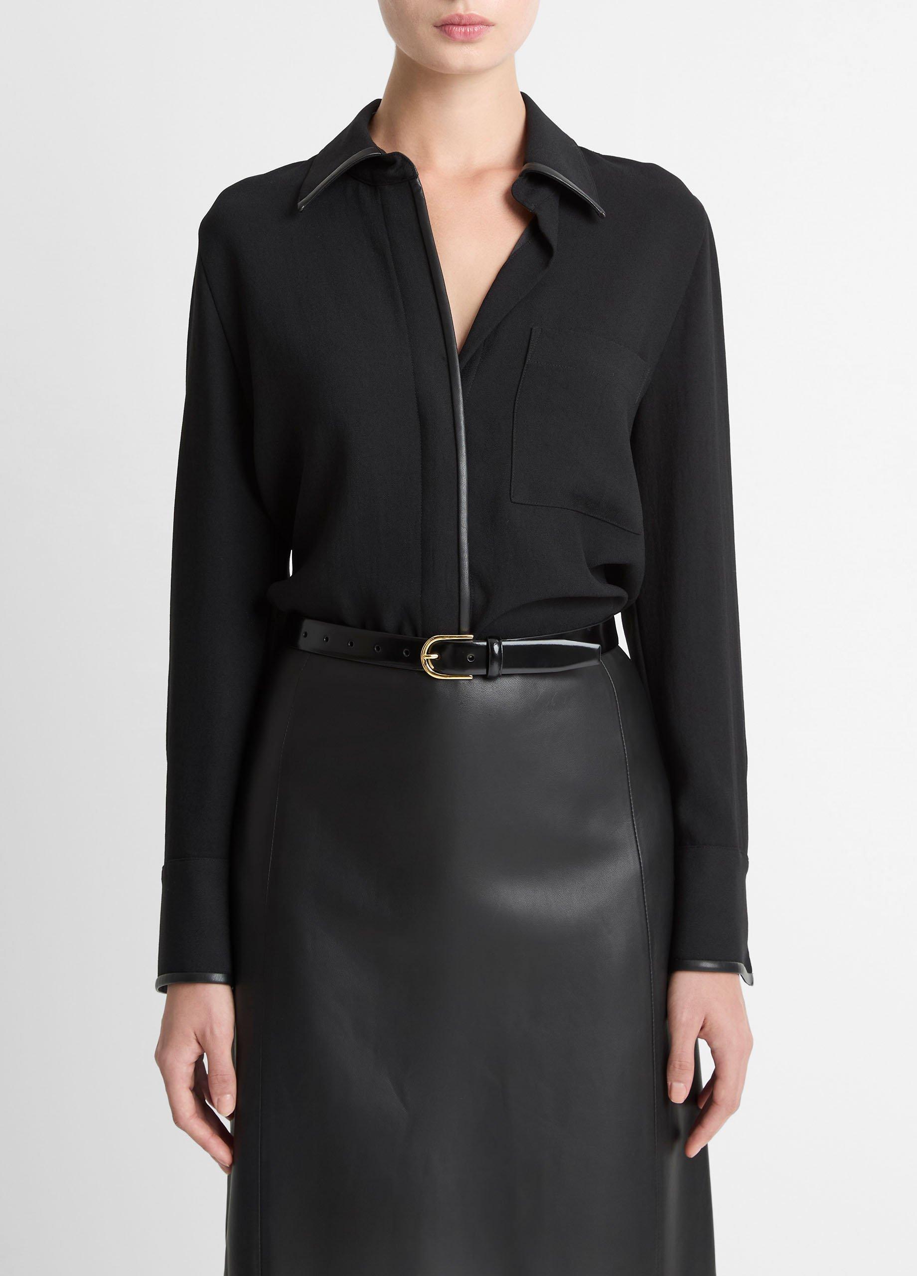 Faux-Leather-Trim Crepe Button-Front Shirt image number 0